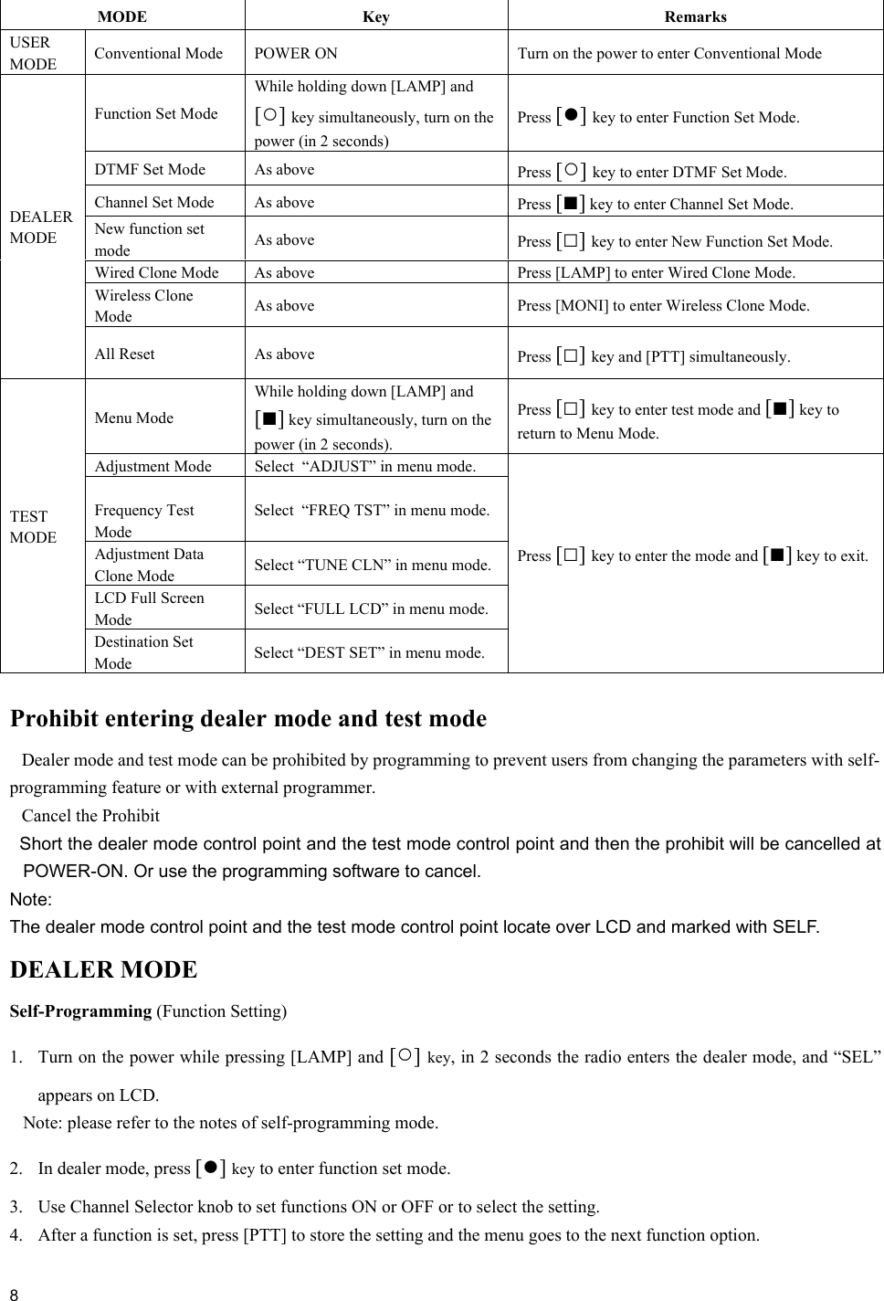  8  Prohibit entering dealer mode and test mode  Dealer mode and test mode can be prohibited by programming to prevent users from changing the parameters with self-programming feature or with external programmer.  Cancel the Prohibit   Short the dealer mode control point and the test mode control point and then the prohibit will be cancelled at POWER-ON. Or use the programming software to cancel. Note: The dealer mode control point and the test mode control point locate over LCD and marked with SELF. DEALER MODE Self-Programming (Function Setting) 1.  Turn on the power while pressing [LAMP] and [○] key, in 2 seconds the radio enters the dealer mode, and “SEL” appears on LCD.    Note: please refer to the notes of self-programming mode.  2.  In dealer mode, press [●] key to enter function set mode. 3.  Use Channel Selector knob to set functions ON or OFF or to select the setting. 4.  After a function is set, press [PTT] to store the setting and the menu goes to the next function option. MODE Key  Remarks USER MODE  Conventional Mode  POWER ON  Turn on the power to enter Conventional Mode  Function Set Mode While holding down [LAMP] and [○] key simultaneously, turn on the power (in 2 seconds)  Press [●] key to enter Function Set Mode. DTMF Set Mode  As above  Press [○] key to enter DTMF Set Mode. Channel Set Mode  As above  Press [■] key to enter Channel Set Mode. New function set mode  As above  Press [□] key to enter New Function Set Mode. Wired Clone Mode   As above  Press [LAMP] to enter Wired Clone Mode. Wireless Clone Mode   As above  Press [MONI] to enter Wireless Clone Mode. DEALER MODE All Reset  As above  Press [□] key and [PTT] simultaneously. Menu Mode While holding down [LAMP] and [■] key simultaneously, turn on the power (in 2 seconds). Press [□] key to enter test mode and [■] key to return to Menu Mode. Adjustment Mode  Select  “ADJUST” in menu mode.  Frequency Test Mode Select  “FREQ TST” in menu mode. Adjustment Data Clone Mode  Select “TUNE CLN” in menu mode. LCD Full Screen Mode  Select “FULL LCD” in menu mode. TEST MODE Destination Set Mode  Select “DEST SET” in menu mode. Press [□] key to enter the mode and [■] key to exit.  