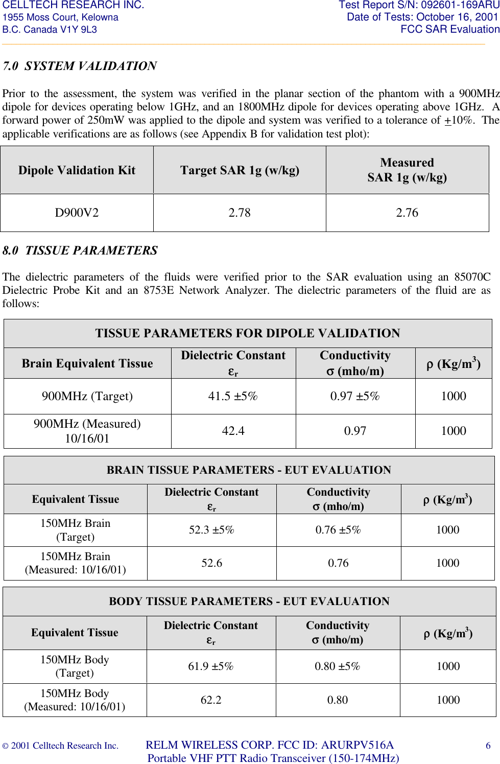 CELLTECH RESEARCH INC.                                                                 Test Report S/N: 092601-169ARU 1955 Moss Court, Kelowna                                                                                                Date of Tests: October 16, 2001 B.C. Canada V1Y 9L3                                                                                                                  FCC SAR Evaluation _________________________________________________________________________________________________________ © 2001 Celltech Research Inc.         RELM WIRELESS CORP. FCC ID: ARURPV516A    6                              Portable VHF PTT Radio Transceiver (150-174MHz)  7.0  SYSTEM VALIDATION  Prior to the assessment, the system was verified in the planar section of the phantom with a 900MHz dipole for devices operating below 1GHz, and an 1800MHz dipole for devices operating above 1GHz.  A forward power of 250mW was applied to the dipole and system was verified to a tolerance of +10%.  The applicable verifications are as follows (see Appendix B for validation test plot):        8.0  TISSUE PARAMETERS  The dielectric parameters of the fluids were verified prior to the SAR evaluation using an 85070C Dielectric Probe Kit and an 8753E Network Analyzer. The dielectric parameters of the fluid are as follows: Dipole Validation Kit Target SAR 1g (w/kg) Measured SAR 1g (w/kg) D900V2 2.78 2.76  TISSUE PARAMETERS FOR DIPOLE VALIDATION Brain Equivalent Tissue  Dielectric Constant εεr Conductivity σσ (mho/m) ρρ (Kg/m3) 900MHz (Target) 41.5 ±5% 0.97 ±5% 1000 900MHz (Measured) 10/16/01 42.4 0.97 1000  BRAIN TISSUE PARAMETERS - EUT EVALUATION Equivalent Tissue  Dielectric Constant εεr Conductivity σσ (mho/m) ρρ (Kg/m3) 150MHz Brain (Target) 52.3 ±5% 0.76 ±5% 1000 150MHz Brain  (Measured: 10/16/01) 52.6 0.76 1000  BODY TISSUE PARAMETERS - EUT EVALUATION Equivalent Tissue Dielectric Constant εεr Conductivity σσ (mho/m) ρρ (Kg/m3) 150MHz Body (Target) 61.9 ±5% 0.80 ±5% 1000 150MHz Body  (Measured: 10/16/01) 62.2 0.80 1000