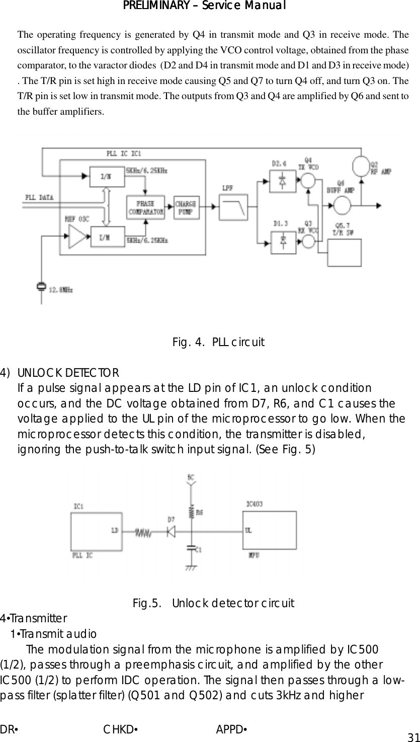 PRELIMINARY PRELIMINARY PRELIMINARY PRELIMINARY ––––    ServiceServiceServiceService Manual Manual Manual Manual    DR•                         CHKD•                       APPD• 31 The operating frequency is generated by Q4 in transmit mode and Q3 in receive mode. The oscillator frequency is controlled by applying the VCO control voltage, obtained from the phase comparator, to the varactor diodes  (D2 and D4 in transmit mode and D1 and D3 in receive mode) . The T/R pin is set high in receive mode causing Q5 and Q7 to turn Q4 off, and turn Q3 on. The T/R pin is set low in transmit mode. The outputs from Q3 and Q4 are amplified by Q6 and sent to the buffer amplifiers.   Fig. 4.  PLL circuit  4) UNLOCK DETECTOR If a pulse signal appears at the LD pin of IC1, an unlock condition occurs, and the DC voltage obtained from D7, R6, and C1 causes the voltage applied to the UL pin of the microprocessor to go low. When the microprocessor detects this condition, the transmitter is disabled, ignoring the push-to-talk switch input signal. (See Fig. 5)  Fig.5.   Unlock detector circuit 4•Transmitter    1•Transmit audio The modulation signal from the microphone is amplified by IC500 (1/2), passes through a preemphasis circuit, and amplified by the other IC500 (1/2) to perform IDC operation. The signal then passes through a low-pass filter (splatter filter) (Q501 and Q502) and cuts 3kHz and higher 