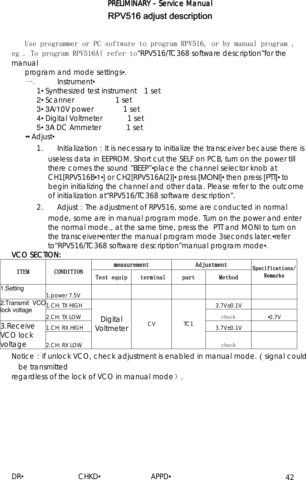 PRELIMINARY PRELIMINARY PRELIMINARY PRELIMINARY ––––    Service ManualService ManualService ManualService Manual    DR•                         CHKD•                       APPD• 42 RPV516RPV516RPV516RPV516 adjust description adjust description adjust description adjust description        Use programmer or PC software to program RPV516, or by manual program ,  eg . To program RPV516A( refer to“RPV516/TC368 software description”for the manual program and mode settings•. 一． Instrument• 1• Synthesized test instrument    1 set 2• Scanner                   1 set 3• 3A/10V power              1 set 4• Digital Voltmeter            1 set 5• 3A DC Ammeter            1 set •• Adjust• 1． Initialization：It is necessary to initialize the transceiver because there is useless data in EEPROM. Short cut the SELF on PCB, turn on the power till there comes the sound ”BEEP”•place the channel selector knob at CH1[RPV516B•1•] or CH2[RPV516A(2)]• press [MONI]• then press [ PTT] • to begin initializing the channel and other data. Please refer to the outcome of initialization at“RPV516/TC368 software description”. 2． Adjust：The adjustment of RPV516, some are conducted in normal mode, some are in manual program mode. Turn on the power and enter the normal mode., at the same time, press the  PTT and MONI to turn on the transceiver•enter the manual program mode 3seconds later.•refer to“RPV516/TC368 software description”manual program mode•. VCO SECTION:VCO SECTION:VCO SECTION:VCO SECTION:    measurementmeasurementmeasurementmeasurement    AdjustmentAdjustmentAdjustmentAdjustment    ITEMITEMITEMITEM    CONDITIONCONDITIONCONDITIONCONDITION    Test equipTest equipTest equipTest equip     term term term terminalinalinalinal    partpartpartpart    MethodMethodMethodMethod    Specifications/Specifications/Specifications/Specifications/RemarksRemarksRemarksRemarks    1.Setting 1.power 7.5V            1.CH: TX HIGH  3.7V±0.1V    2.Transmit VCO lock voltage  2.CH: TX LOW  check  •0.7V 1.CH: RX HIGH  3.7V±0.1V    3.Receive VCO lock voltage  2.CH: RX LOW Digital Voltmeter CV TC1 check  Notice：if unlock VCO, check adjustment is enabled in manual mode.（signal could be transmitted regardless of the lock of VCO in manual mode）.                         