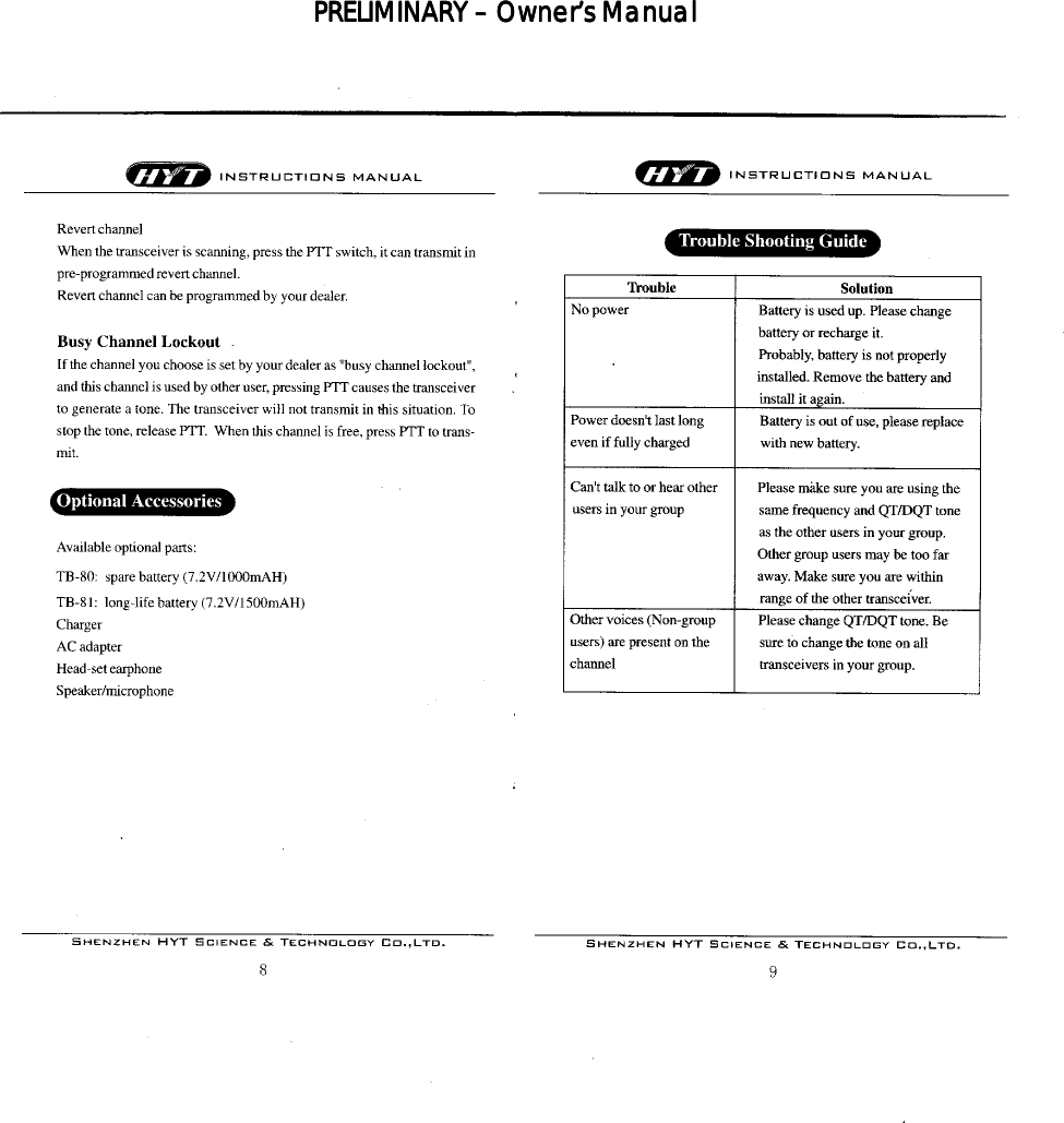 PRELIMINARY PRELIMINARY PRELIMINARY PRELIMINARY ––––    Owner’s ManualOwner’s ManualOwner’s ManualOwner’s Manual         