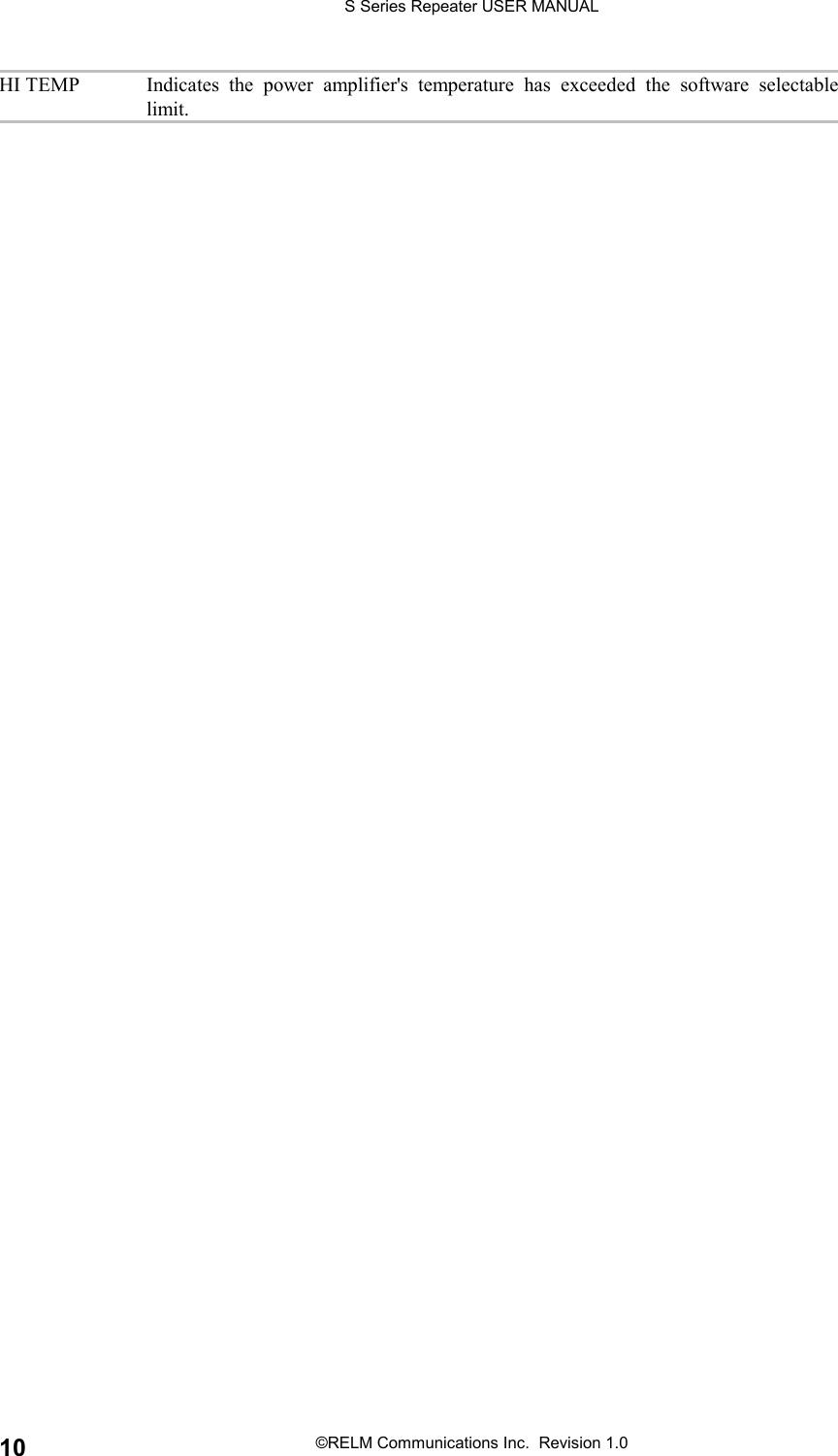 S Series Repeater USER MANUAL©RELM Communications Inc.  Revision 1.010HI TEMP Indicates the power amplifier&apos;s temperature has exceeded the software selectablelimit.