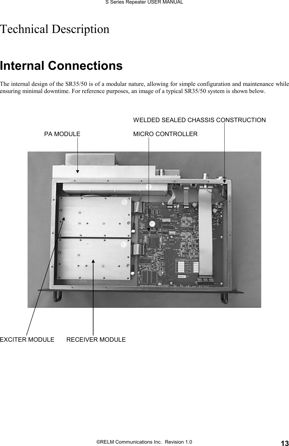 S Series Repeater USER MANUAL©RELM Communications Inc.  Revision 1.0 13Technical DescriptionInternal ConnectionsThe internal design of the SR35/50 is of a modular nature, allowing for simple configuration and maintenance whileensuring minimal downtime. For reference purposes, an image of a typical SR35/50 system is shown below.WELDED SEALED CHASSIS CONSTRUCTION PA MODULE MICRO CONTROLLEREXCITER MODULE RECEIVER MODULE