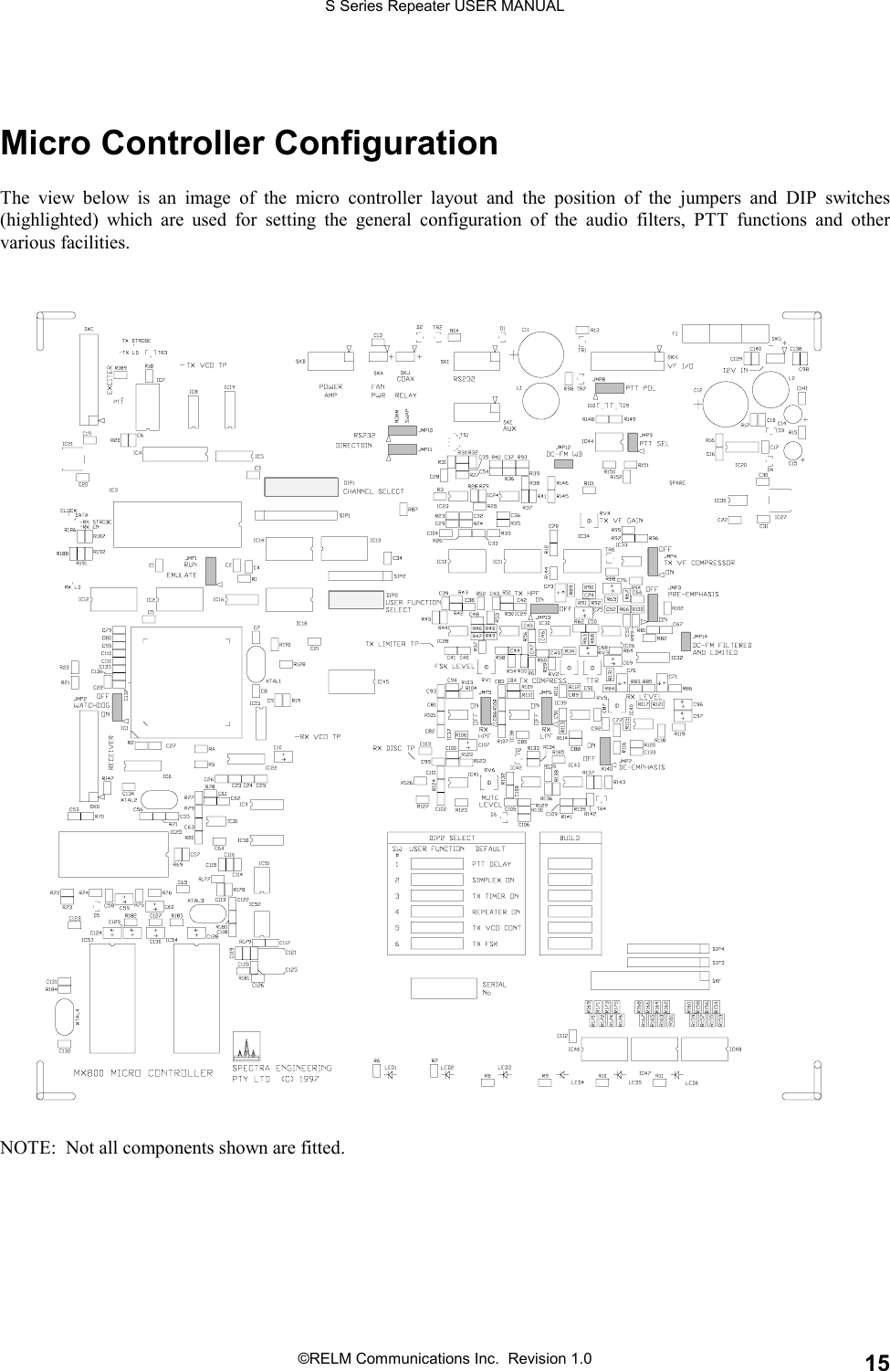 S Series Repeater USER MANUAL©RELM Communications Inc.  Revision 1.0 15Micro Controller ConfigurationThe view below is an image of the micro controller layout and the position of the jumpers and DIP switches(highlighted) which are used for setting the general configuration of the audio filters, PTT functions and othervarious facilities.NOTE:  Not all components shown are fitted.