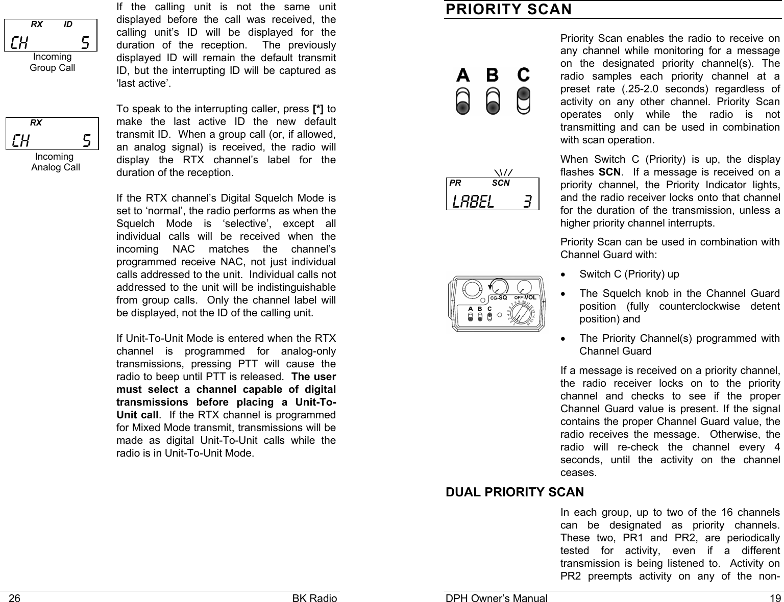    26                                                                                            BK Radio If the calling unit is not the same unit displayed before the call was received, the calling unit&rsquo;s ID will be displayed for the duration of the reception.  The previously displayed ID will remain the default transmit ID, but the interrupting ID will be captured as &lsquo;last active&rsquo;. To speak to the interrupting caller, press [*] to make the last active ID the new default transmit ID.  When a group call (or, if allowed, an analog signal) is received, the radio will display the RTX channel&rsquo;s label for the duration of the reception. If the RTX channel&rsquo;s Digital Squelch Mode is set to &lsquo;normal&rsquo;, the radio performs as when the Squelch Mode is &lsquo;selective&rsquo;, except all individual calls will be received when the incoming NAC matches the channel&rsquo;s programmed receive NAC, not just individual calls addressed to the unit.  Individual calls not addressed to the unit will be indistinguishable from group calls.  Only the channel label will be displayed, not the ID of the calling unit.   If Unit-To-Unit Mode is entered when the RTX channel is programmed for analog-only transmissions, pressing PTT will cause the radio to beep until PTT is released.  The user must select a channel capable of digital transmissions before placing a Unit-To-Unit call.  If the RTX channel is programmed for Mixed Mode transmit, transmissions will be made as digital Unit-To-Unit calls while the radio is in Unit-To-Unit Mode. Incoming  Group Call            RX         ID  CH           5           RX  CH           5 Incoming  Analog Call DPH Owner&rsquo;s Manual                                                                           19           PRIORITY SCAN Priority Scan enables the radio to receive on any channel while monitoring for a message on the designated priority channel(s). The radio samples each priority channel at a preset rate (.25-2.0 seconds) regardless of activity on any other channel. Priority Scan operates only while the radio is not transmitting and can be used in combination with scan operation. When Switch C (Priority) is up, the display flashes  SCN.  If a message is received on a priority channel, the Priority Indicator lights, and the radio receiver locks onto that channel for the duration of the transmission, unless a higher priority channel interrupts. Priority Scan can be used in combination with Channel Guard with: &bull;  Switch C (Priority) up &bull;  The Squelch knob in the Channel Guard position (fully counterclockwise detent position) and &bull;  The Priority Channel(s) programmed with Channel Guard If a message is received on a priority channel, the radio receiver locks on to the priority channel and checks to see if the proper Channel Guard value is present. If the signal contains the proper Channel Guard value, the radio receives the message.  Otherwise, the radio will re-check the channel every 4 seconds, until the activity on the channel ceases. DUAL PRIORITY SCAN In each group, up to two of the 16 channels can be designated as priority channels.  These two, PR1 and PR2, are periodically tested for activity, even if a different transmission is being listened to.  Activity on PR2 preempts activity on any of the non- PR             SCN  LABEL      3  