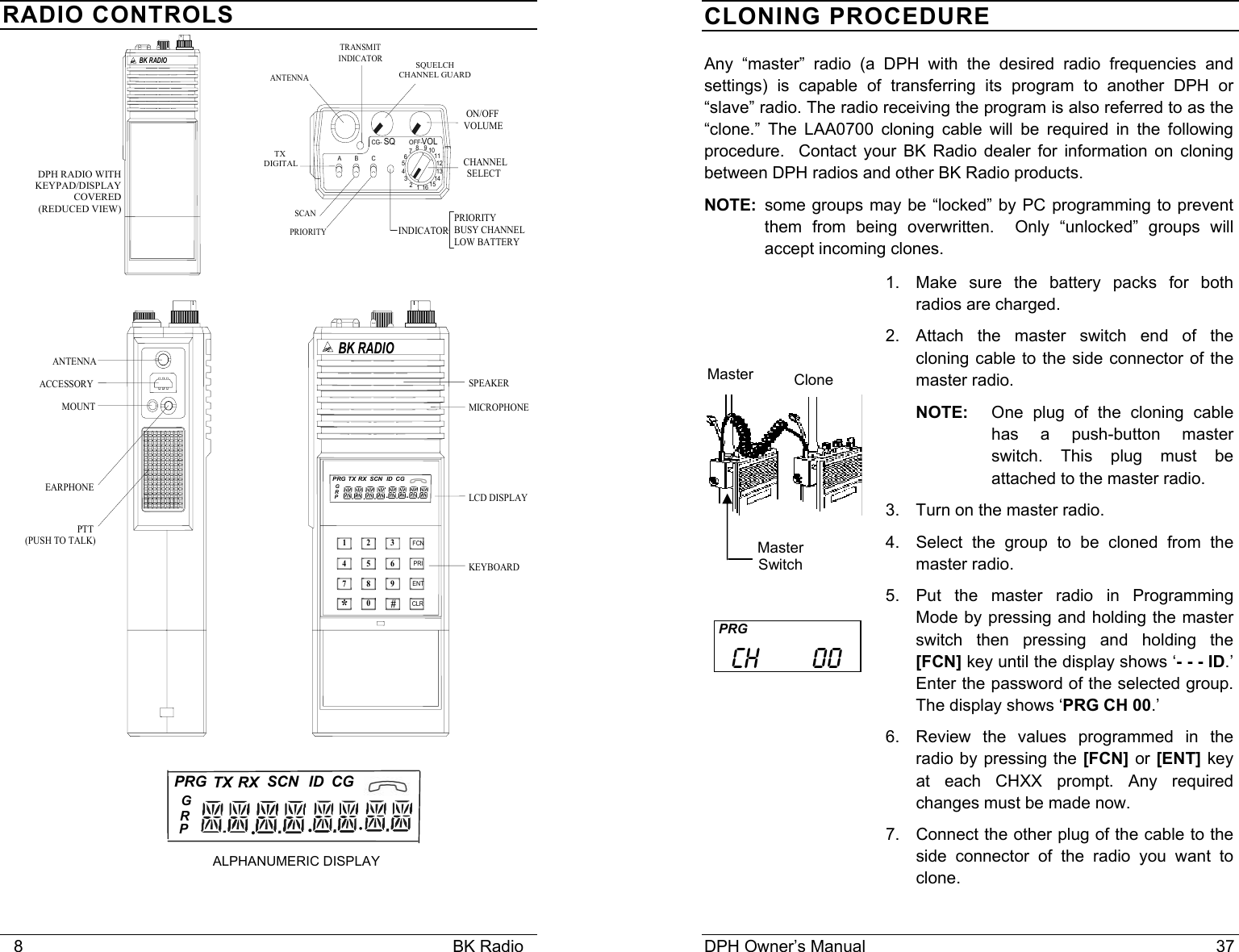    8                                                                                            BK Radio RADIO CONTROLS  BK RADIO1 2 34 5 67 8 90* #CLRFCNPRIENTPRIORITYBUSY CHANNELLOW BATTERYINDICATORTRANSMITINDICATORANTENNA HI/LO TRANSMIT POWER SCAN PRIORITY ANTENNA ACCESSORY MOUNT EARPHONE PTT (PUSH TO TALK) SPEAKERMICROPHONELCD DISPLAYCHANNELSELECTON/OFFVOLUMESQUELCHCODE GUARDG R P PRG TX RX SCN ID CGDPH RADIO WITH KEYBOARD/DISPLAY COVERED OR NOT INSTALLED (REDUCED VIEW) BK RADIO CG- OFF-SQ VOL16123456789101112131415A B CKEYBOARD     DPH RADIO WITH KEYPAD/DISPLAY COVERED    (REDUCED VIEW)  RX SCN TX PRG ID CG P R G     ...    RX SCN TX PRG ID CG P R G     . .. ALPHANUMERIC DISPLAY SQUELCH CHANNEL GUARD                 TX            DIGITAL DPH Owner&rsquo;s Manual                                                                           37           Master  CloneMasterSwitchCLONING PROCEDURE Any &ldquo;master&rdquo; radio (a DPH with the desired radio frequencies and settings) is capable of transferring its program to another DPH or &ldquo;slave&rdquo; radio. The radio receiving the program is also referred to as the &ldquo;clone.&rdquo; The LAA0700 cloning cable will be required in the following procedure.  Contact your BK Radio dealer for information on cloning between DPH radios and other BK Radio products. NOTE:  some groups may be &ldquo;locked&rdquo; by PC programming to prevent them from being overwritten.  Only &ldquo;unlocked&rdquo; groups will accept incoming clones. 1. Make sure the battery packs for both radios are charged. 2. Attach the master switch end of the cloning cable to the side connector of the master radio.  NOTE:    One plug of the cloning cable has a push-button master switch. This plug must be attached to the master radio. 3. Turn on the master radio. 4.  Select the group to be cloned from the master radio. 5.  Put the master radio in Programming Mode by pressing and holding the master switch then pressing and holding the [FCN] key until the display shows &lsquo;- - - ID.&rsquo; Enter the password of the selected group. The display shows &lsquo;PRG CH 00.&rsquo; 6. Review the values programmed in the radio by pressing the [FCN] or [ENT] key at each CHXX prompt. Any required changes must be made now.  7.  Connect the other plug of the cable to the side connector of the radio you want to clone.  PRG   CH       00 