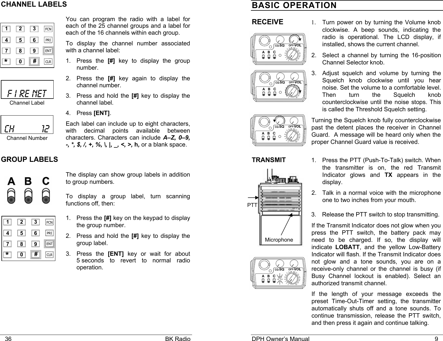    36                                                                                            BK Radio CHANNEL LABELS You can program the radio with a label for each of the 25 channel groups and a label for each of the 16 channels within each group. To display the channel number associated with a channel label: 1. Press the [#] key to display the group number. 2. Press the [#] key again to display the channel number. 3. Press and hold the [#] key to display the channel label. 4. Press [ENT]. Each label can include up to eight characters, with decimal points available between characters. Characters can include A&ndash;Z, 0&ndash;9, -, *, $, /, +, %, \, |, _, <, >, h, or a blank space. GROUP LABELS The display can show group labels in addition to group numbers.  To display a group label, turn scanning functions off, then: 1. Press the [#] key on the keypad to display the group number. 2. Press and hold the [#] key to display the group label. 3. Press the [ENT] key or wait for about 5 seconds to revert to normal radio operation.    F I RE NET Channel Label   CH          12 Channel Number  1 2 3 4 5 6 7 8 9 0 * # CLR FCN PRI ENT  1 2 3 4 5 6 7 8 9 0 * # CLR FCN PRI ENT DPH Owner&rsquo;s Manual                                                                           9             BASIC OPERATION RECEIVE  1.  Turn power on by turning the Volume knob clockwise. A beep sounds, indicating the radio is operational. The LCD display, if installed, shows the current channel. 2. Select a channel by turning the 16-position Channel Selector knob.   3.  Adjust squelch and volume by turning the Squelch knob clockwise until you hear noise. Set the volume to a comfortable level. Then turn the Squelch knob counterclockwise until the noise stops. This is called the Threshold Squelch setting.   Turning the Squelch knob fully counterclockwise past the detent places the receiver in Channel Guard.  A message will be heard only when the proper Channel Guard value is received. TRANSMIT 1. Press the PTT (Push-To-Talk) switch. When the transmitter is on, the red Transmit Indicator glows and TX appears in the display.   2. Talk in a normal voice with the microphone one to two inches from your mouth. 3. Release the PTT switch to stop transmitting. If the Transmit Indicator does not glow when you press the PTT switch, the battery pack may need to be charged. If so, the display will indicate  LOBATT, and the yellow Low-Battery Indicator will flash. If the Transmit Indicator does not glow and a tone sounds, you are on a receive-only channel or the channel is busy (if Busy Channel lockout is enabled). Select an authorized transmit channel. If the length of your message exceeds the preset Time-Out-Timer setting, the transmitter automatically shuts off and a tone sounds. To continue transmission, release the PTT switch, and then press it again and continue talking. Microphone PTT