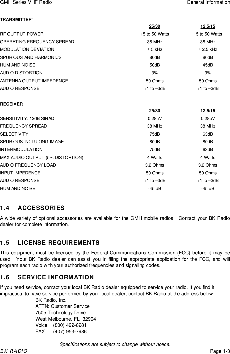 GMH Series VHF Radio General InformationSpecifications are subject to change without notice.BK RADIOPage 1-3TRANSMITTER`25/30 12.5/15RF OUTPUT POWER 15 to 50 Watts 15 to 50 WattsOPERATING FREQUENCY SPREAD 38 MHz 38 MHzMODULATION DEVIATION &plusmn; 5 kHz &plusmn; 2.5 kHzSPURIOUS AND HARMONICS 80dB 80dBHUM AND NOISE 50dB 45dBAUDIO DISTORTION 3% 3%ANTENNA OUTPUT IMPEDENCE 50 Ohms 50 OhmsAUDIO RESPONSE +1 to &ndash;3dB   +1 to &ndash;3dBRECEIVER25/30 12.5/15SENSITIVITY: 12dB SINAD 0.28&micro;V0.28&micro;VFREQUENCY SPREAD 38 MHz 38 MHzSELECTIVITY 75dB 63dBSPURIOUS INCLUDING IMAGE 80dB 80dBINTERMODULATION 75dB 63dBMAX AUDIO OUTPUT (5% DISTORTION) 4 Watts 4 WattsAUDIO FREQUENCY LOAD 3.2 Ohms 3.2 OhmsINPUT IMPEDENCE 50 Ohms 50 OhmsAUDIO RESPONSE +1 to &ndash;3dB   +1 to &ndash;3dBHUM AND NOISE -45 dB -45 dB1.4 ACCESSORIESA wide variety of optional accessories are available for the GMH mobile radios.  Contact your BK Radiodealer for complete information.1.5 LICENSE REQUIREMENTSThis equipment must be licensed by the Federal Communications Commission (FCC) before it may beused.  Your BK Radio dealer can assist you in filing the appropriate application for the FCC, and willprogram each radio with your authorized frequencies and signaling codes.1.6 SERVICE INFORMATIONIf you need service, contact your local BK Radio dealer equipped to service your radio. If you find itimpractical to have service performed by your local dealer, contact BK Radio at the address below:BK Radio, Inc.ATTN: Customer Service7505 Technology DriveWest Melbourne, FL  32904Voice (800) 422-6281FAX   (407) 953-7986