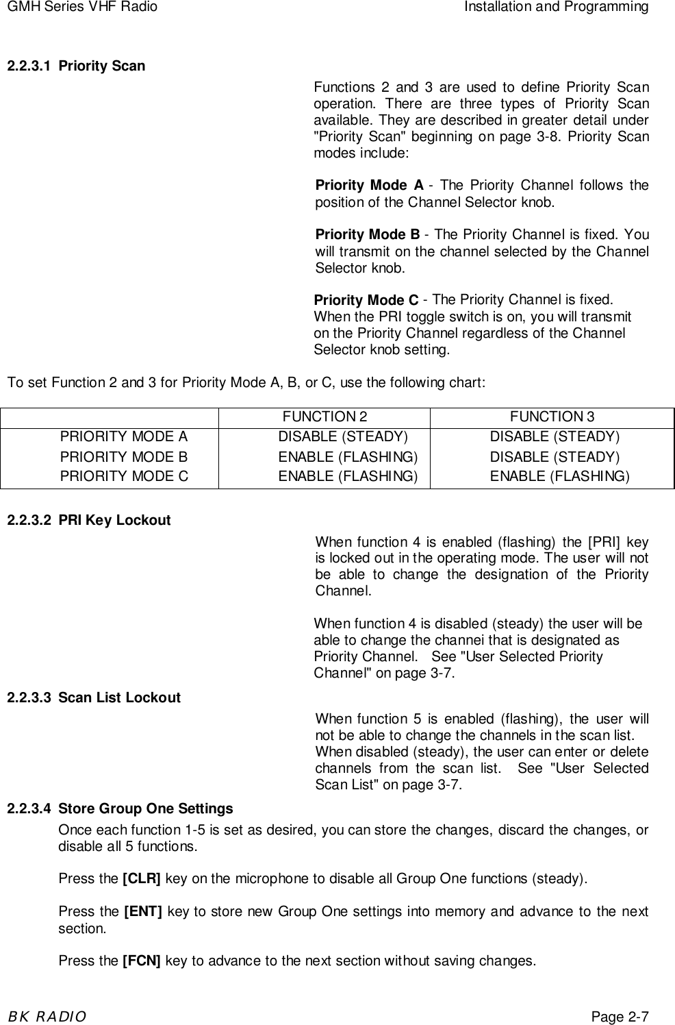 GMH Series VHF Radio Installation and ProgrammingBK RADIOPage 2-72.2.3.1 Priority ScanFunctions 2 and 3 are used to define Priority Scanoperation. There are three types of Priority Scanavailable. They are described in greater detail under"Priority Scan" beginning on page 3-8. Priority Scanmodes include:Priority Mode A - The Priority Channel follows theposition of the Channel Selector knob.Priority Mode B - The Priority Channel is fixed. Youwill transmit on the channel selected by the ChannelSelector knob.Priority Mode C - The Priority Channel is fixed.When the PRI toggle switch is on, you will transmiton the Priority Channel regardless of the ChannelSelector knob setting.To set Function 2 and 3 for Priority Mode A, B, or C, use the following chart:FUNCTION 2 FUNCTION 3PRIORITY MODE APRIORITY MODE BPRIORITY MODE CDISABLE (STEADY)ENABLE (FLASHING)ENABLE (FLASHING)DISABLE (STEADY)DISABLE (STEADY)ENABLE (FLASHING)2.2.3.2 PRI Key LockoutWhen function 4 is enabled (flashing) the [PRI] keyis locked out in the operating mode. The user will notbe able to change the designation of the PriorityChannel.When function 4 is disabled (steady) the user will beable to change the channei that is designated asPriority Channel.   See "User Selected PriorityChannel" on page 3-7.2.2.3.3 Scan List LockoutWhen function 5 is enabled (flashing), the user willnot be able to change the channels in the scan list.When disabled (steady), the user can enter or deletechannels from the scan list.  See "User SelectedScan List" on page 3-7.2.2.3.4 Store Group One SettingsOnce each function 1-5 is set as desired, you can store the changes, discard the changes, ordisable all 5 functions.Press the [CLR] key on the microphone to disable all Group One functions (steady).Press the [ENT] key to store new Group One settings into memory and advance to the nextsection.Press the [FCN] key to advance to the next section without saving changes.