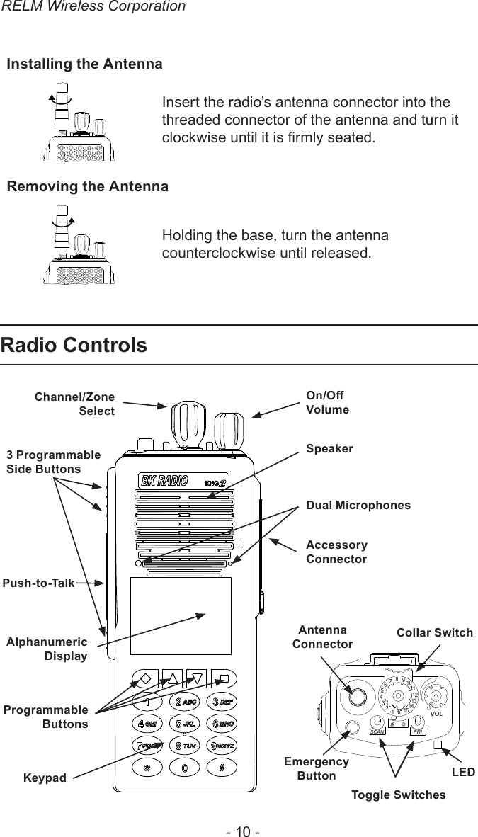 RELM Wireless Corporation- 10 -Installing the AntennaInsert the radio’s antenna connector into the threaded connector of the antenna and turn it clockwise until it is rmly seated.Removing the AntennaHolding the base, turn the antenna counterclockwise until released.Radio ControlsOn/O Volume3 Programmable Side ButtonsPush-to-TalkSpeakerAccessory ConnectorAlphanumeric DisplayDual MicrophonesProgrammable ButtonsKeypadChannel/Zone SelectCollar SwitchAntenna ConnectorEmergency ButtonToggle SwitchesLED151234567891 11012131416SCANPRIVOL