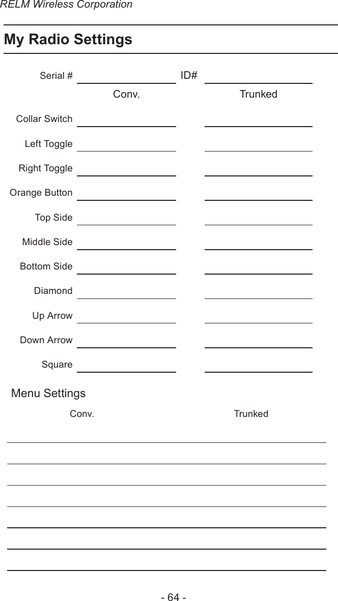 RELM Wireless Corporation- 64 -My Radio SettingsSerial # ID#Conv. TrunkedCollar SwitchLeft ToggleRight ToggleOrange ButtonTop SideMiddle SideBottom SideDiamondUp ArrowDown ArrowSquareMenu SettingsConv. Trunked