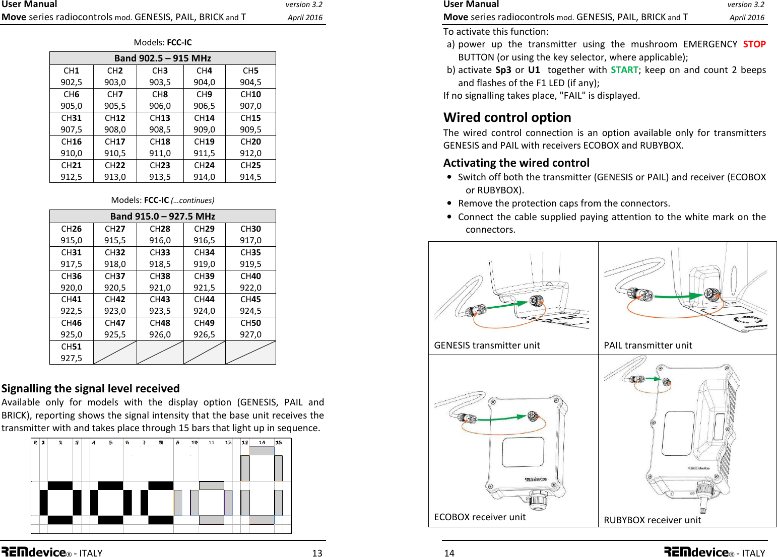 User Manual version 3.2 Move series radiocontrols mod. GENESIS, PAIL, BRICK and T April 2016 REMdevice® - ITALY    13  Models: FCC-IC Band 902.5 – 915 MHz CH1 902,5 CH2 903,0 CH3 903,5 CH4 904,0 CH5 904,5 CH6 905,0 CH7 905,5 CH8 906,0 CH9 906,5 CH10 907,0 CH31 907,5 CH12 908,0 CH13 908,5 CH14 909,0 CH15 909,5 CH16 910,0 CH17 910,5 CH18 911,0 CH19 911,5 CH20 912,0 CH21 912,5 CH22 913,0 CH23 913,5 CH24 914,0 CH25 914,5  Models: FCC-IC (…continues) Band 915.0 – 927.5 MHz CH26 915,0 CH27 915,5 CH28 916,0 CH29 916,5 CH30 917,0 CH31 917,5 CH32 918,0 CH33 918,5 CH34 919,0 CH35 919,5 CH36 920,0 CH37 920,5 CH38 921,0 CH39 921,5 CH40 922,0 CH41 922,5 CH42 923,0 CH43 923,5 CH44 924,0 CH45 924,5 CH46 925,0 CH47 925,5 CH48 926,0 CH49 926,5 CH50 927,0 CH51 927,5         Signalling the signal level received Available  only  for  models  with  the  display  option  (GENESIS,  PAIL  and BRICK), reporting shows the signal intensity that the base unit receives the transmitter with and takes place through 15 bars that light up in sequence.  User Manual version 3.2 Move series radiocontrols mod. GENESIS, PAIL, BRICK and T April 2016 14 REMdevice® - ITALY To activate this function: a) power  up  the  transmitter  using  the  mushroom  EMERGENCY  STOP BUTTON (or using the key selector, where applicable); b) activate  Sp3 or  U1    together  with  START; keep  on  and  count  2  beeps and flashes of the F1 LED (if any); If no signalling takes place, &quot;FAIL&quot; is displayed. Wired control option The  wired  control  connection  is  an  option  available  only  for  transmitters GENESIS and PAIL with receivers ECOBOX and RUBYBOX. Activating the wired control • Switch off both the transmitter (GENESIS or PAIL) and receiver (ECOBOX or RUBYBOX).  • Remove the protection caps from the connectors. • Connect the cable supplied  paying attention to the white mark on  the connectors.   GENESIS transmitter unit  PAIL transmitter unit  ECOBOX receiver unit  RUBYBOX receiver unit  