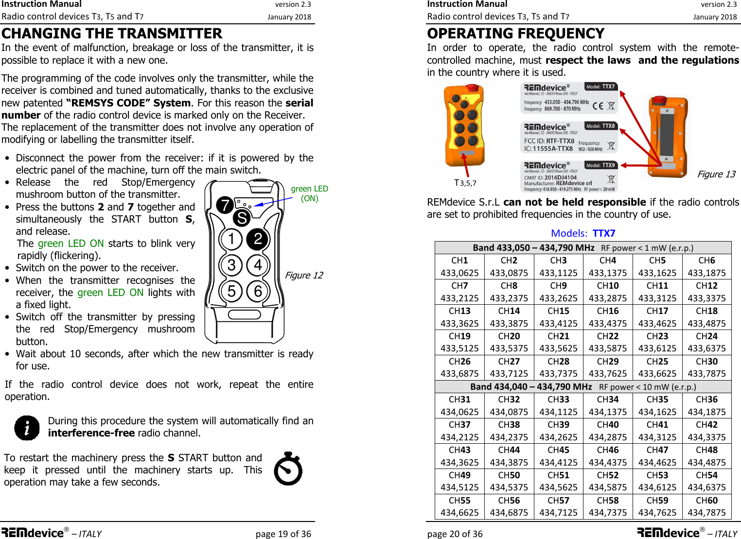 Instruction Manual version 2.3 Radio control devices T3, T5 and T7 January 2018 REMdevice® – ITALY    page 19 of 36 CHANGING THE TRANSMITTER In the event of malfunction, breakage or loss of the transmitter, it is possible to replace it with a new one.  The programming of the code involves only the transmitter, while the receiver is combined and tuned automatically, thanks to the exclusive new patented “REMSYS CODE” System. For this reason the serial number of the radio control device is marked only on the Receiver. The replacement of the transmitter does not involve any operation of modifying or labelling the transmitter itself.  • Disconnect  the  power  from  the  receiver:  if  it  is  powered  by  the electric panel of the machine, turn off the main switch. • Release  the  red  Stop/Emergency mushroom button of the transmitter. • Press the buttons 2 and 7 together and simultaneously  the  START  button  S, and release.       The green  LED ON  starts  to  blink  very rapidly (flickering). • Switch on the power to the receiver. • When  the  transmitter  recognises  the receiver,  the  green  LED  ON  lights  with a fixed light. • Switch  off  the  transmitter  by  pressing the  red  Stop/Emergency  mushroom button. • Wait about 10 seconds, after which the new transmitter is ready for use.  If  the  radio  control  device  does  not  work,  repeat  the  entire operation.  During this procedure the system will automatically find an interference-free radio channel.  To restart the machinery press the S START button and keep  it  pressed  until  the  machinery  starts  up.   This operation may take a few seconds.       1234567Sgreen LED  (ON) Figure 12 Instruction Manual version 2.3 Radio control devices T3, T5 and T7 January 2018 page 20 of 36 REMdevice® – ITALY OPERATING FREQUENCY  In  order  to  operate,  the  radio  control  system  with  the  remote-controlled machine, must respect the laws  and the regulations in the country where it is used. REMdevice S.r.L can not be held responsible if the radio controls are set to prohibited frequencies in the country of use. Models:  TTX7 Band 433,050 – 434,790 MHz   RF power &lt; 1 mW (e.r.p.) CH1 433,0625 CH2 433,0875 CH3 433,1125 CH4 433,1375 CH5 433,1625 CH6 433,1875 CH7 433,2125 CH8 433,2375 CH9 433,2625 CH10 433,2875 CH11 433,3125 CH12 433,3375 CH13 433,3625 CH14 433,3875 CH15 433,4125 CH16 433,4375 CH17 433,4625 CH18 433,4875 CH19 433,5125 CH20 433,5375 CH21 433,5625 CH22 433,5875 CH23 433,6125 CH24 433,6375 CH26 433,6875 CH27 433,7125 CH28 433,7375 CH29 433,7625 CH25 433,6625 CH30 433,7875 Band 434,040 – 434,790 MHz   RF power &lt; 10 mW (e.r.p.) CH31 434,0625 CH32 434,0875 CH33 434,1125 CH34 434,1375 CH35 434,1625 CH36 434,1875 CH37 434,2125 CH38 434,2375 CH39 434,2625 CH40 434,2875 CH41 434,3125 CH42 434,3375 CH43 434,3625 CH44 434,3875 CH45 434,4125 CH46 434,4375 CH47 434,4625 CH48 434,4875 CH49 434,5125 CH50 434,5375 CH51 434,5625 CH52 434,5875 CH53 434,6125 CH54 434,6375 CH55 434,6625 CH56 434,6875 CH57 434,7125 CH58 434,7375 CH59 434,7625 CH60 434,7875     T 3,5,7 Figure 13 