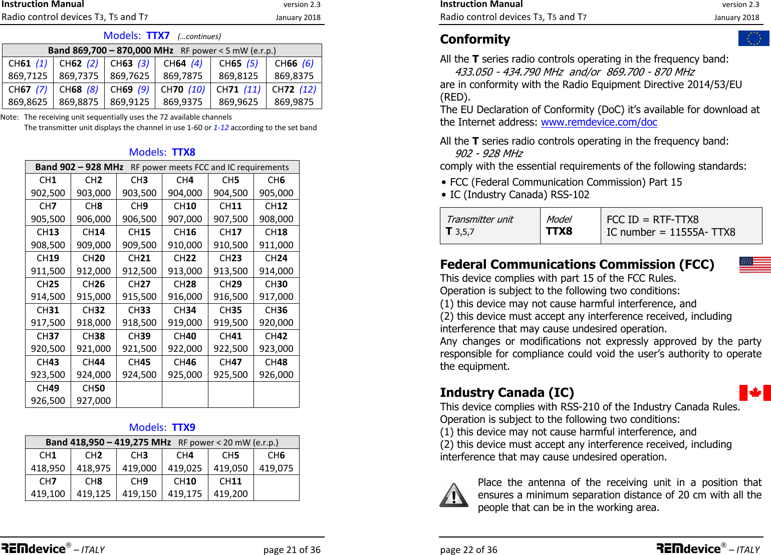 Instruction Manual version 2.3 Radio control devices T3, T5 and T7 January 2018 REMdevice® – ITALY    page 21 of 36 Models:  TTX7   (…continues) Band 869,700 – 870,000 MHz   RF power &lt; 5 mW (e.r.p.) CH61  (1) 869,7125 CH62  (2) 869,7375 CH63  (3) 869,7625 CH64  (4) 869,7875 CH65  (5) 869,8125 CH66  (6) 869,8375 CH67  (7) 869,8625 CH68  (8) 869,8875 CH69  (9) 869,9125 CH70  (10) 869,9375 CH71  (11) 869,9625 CH72  (12) 869,9875 Note:  The receiving unit sequentially uses the 72 available channels   The transmitter unit displays the channel in use 1-60 or 1-12 according to the set band Models:  TTX8 Band 902 – 928 MHz   RF power meets FCC and IC requirements CH1 902,500 CH2 903,000 CH3 903,500 CH4 904,000 CH5 904,500 CH6 905,000 CH7 905,500 CH8 906,000 CH9 906,500 CH10 907,000 CH11 907,500 CH12 908,000 CH13 908,500 CH14 909,000 CH15 909,500 CH16 910,000 CH17 910,500 CH18 911,000 CH19 911,500 CH20 912,000 CH21 912,500 CH22 913,000 CH23 913,500 CH24 914,000 CH25 914,500 CH26 915,000 CH27 915,500 CH28 916,000 CH29 916,500 CH30 917,000 CH31 917,500 CH32 918,000 CH33 918,500 CH34 919,000 CH35 919,500 CH36 920,000 CH37 920,500 CH38 921,000 CH39 921,500 CH40 922,000 CH41 922,500 CH42 923,000 CH43 923,500 CH44 924,000 CH45 924,500 CH46 925,000 CH47 925,500 CH48 926,000 CH49 926,500 CH50 927,000        Models:  TTX9 Band 418,950 – 419,275 MHz   RF power &lt; 20 mW (e.r.p.) CH1 418,950 CH2 418,975 CH3 419,000 CH4 419,025 CH5 419,050 CH6 419,075 CH7 419,100 CH8 419,125 CH9 419,150 CH10 419,175 CH11 419,200          Instruction Manual version 2.3 Radio control devices T3, T5 and T7 January 2018 page 22 of 36 REMdevice® – ITALY Conformity All the T series radio controls operating in the frequency band: 433.050 - 434.790 MHz  and/or  869.700 - 870 MHz are in conformity with the Radio Equipment Directive 2014/53/EU (RED). The EU Declaration of Conformity (DoC) it’s available for download at the Internet address: www.remdevice.com/doc  All the T series radio controls operating in the frequency band: 902 - 928 MHz  comply with the essential requirements of the following standards: • FCC (Federal Communication Commission) Part 15 • IC (Industry Canada) RSS-102 Transmitter unit T 3,5,7 Model TTX8 FCC ID = RTF-TTX8 IC number = 11555A- TTX8 Federal Communications Commission (FCC) This device complies with part 15 of the FCC Rules. Operation is subject to the following two conditions: (1) this device may not cause harmful interference, and (2) this device must accept any interference received, including interference that may cause undesired operation. Any  changes  or  modifications  not  expressly  approved  by  the  party responsible for compliance could void the user’s authority to operate the equipment. Industry Canada (IC) This device complies with RSS-210 of the Industry Canada Rules. Operation is subject to the following two conditions: (1) this device may not cause harmful interference, and (2) this device must accept any interference received, including interference that may cause undesired operation.  Place  the  antenna  of  the  receiving  unit  in  a  position  that ensures a minimum separation distance of 20 cm with all the people that can be in the working area.  