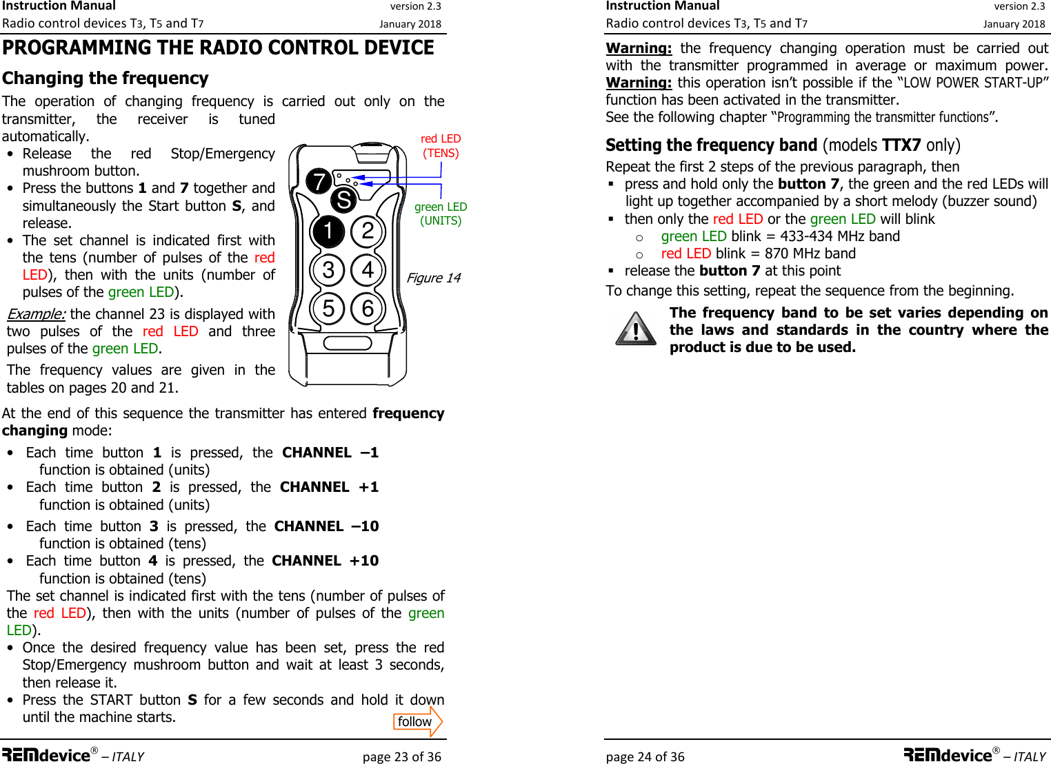 Instruction Manual version 2.3 Radio control devices T3, T5 and T7 January 2018 REMdevice® – ITALY    page 23 of 36 PROGRAMMING THE RADIO CONTROL DEVICE  Changing the frequency The  operation  of  changing  frequency  is  carried  out  only  on  the transmitter,  the  receiver  is  tuned automatically.  • Release  the  red  Stop/Emergency mushroom button. • Press the buttons 1 and 7 together and simultaneously the Start button S,  and release. • The  set  channel  is  indicated  first  with the  tens  (number  of  pulses  of  the  red LED),  then  with  the  units  (number  of pulses of the green LED). Example: the channel 23 is displayed with two  pulses  of  the  red  LED  and  three pulses of the green LED.  The  frequency  values  are  given  in  the tables on pages 20 and 21.   At the end of this sequence the transmitter has entered frequency changing mode: • Each  time  button  1  is  pressed,  the  CHANNEL  –1 function is obtained (units) • Each  time  button  2  is  pressed,  the  CHANNEL  +1 function is obtained (units) • Each  time  button  3  is  pressed,  the  CHANNEL  –10 function is obtained (tens) • Each  time  button  4  is  pressed,  the  CHANNEL  +10 function is obtained (tens) The set channel is indicated first with the tens (number of pulses of the  red  LED),  then  with  the  units  (number  of  pulses  of  the  green LED). • Once  the  desired  frequency  value  has  been  set,  press  the  red Stop/Emergency  mushroom  button  and  wait  at  least  3  seconds, then release it. • Press  the  START  button  S  for  a  few  seconds  and  hold  it  down until the machine starts.  1234567Sred LED  (TENS) green LED  (UNITS) Figure 14 follow Instruction Manual version 2.3 Radio control devices T3, T5 and T7 January 2018 page 24 of 36 REMdevice® – ITALY Warning:  the  frequency  changing  operation  must  be  carried  out with  the  transmitter  programmed  in  average  or  maximum  power. Warning: this operation isn’t possible if the “LOW POWER START-UP” function has been activated in the transmitter. See the following chapter “Programming the transmitter functions”. Setting the frequency band (models TTX7 only) Repeat the first 2 steps of the previous paragraph, then  press and hold only the button 7, the green and the red LEDs will light up together accompanied by a short melody (buzzer sound)  then only the red LED or the green LED will blink o green LED blink = 433-434 MHz band o red LED blink = 870 MHz band  release the button 7 at this point To change this setting, repeat the sequence from the beginning. The  frequency  band  to  be  set  varies  depending  on the  laws  and  standards  in  the  country  where  the product is due to be used.    