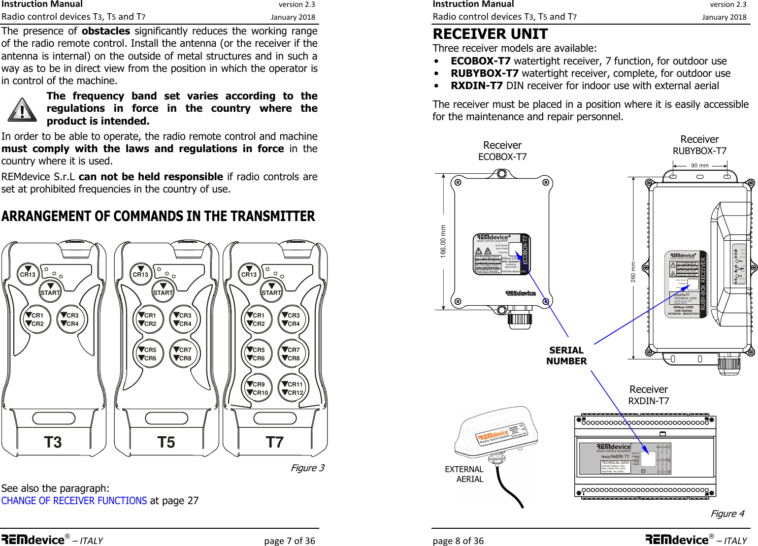 Instruction Manual version 2.3 Radio control devices T3, T5 and T7 January 2018 REMdevice® – ITALY    page 7 of 36 The  presence  of  obstacles  significantly  reduces  the  working  range of the radio remote control. Install the antenna (or the receiver if the antenna is internal) on the outside of metal structures and in such a way as to be in direct view from the position in which the operator is in control of the machine. The  frequency  band  set  varies  according  to  the regulations  in  force  in  the  country  where  the product is intended.  In order to be able to operate, the radio remote control and machine must  comply  with  the  laws  and  regulations  in  force  in  the country where it is used. REMdevice S.r.L can not be held responsible if radio controls are set at prohibited frequencies in the country of use.  ARRANGEMENT OF COMMANDS IN THE TRANSMITTER  CR1CR2CR3CR4CR5CR6CR7CR8CR13STARTCR1CR2CR3CR4CR13STARTCR1CR2CR3CR4CR5CR6CR7CR8CR9CR10CR11CR12CR13STARTT3 T5 T7   See also the paragraph: CHANGE OF RECEIVER FUNCTIONS at page 27 Figure 3 Instruction Manual version 2.3 Radio control devices T3, T5 and T7 January 2018 page 8 of 36 REMdevice® – ITALY TX OFFTX ONCommandTX ONTX OFF Power ONPower OFFREMdeviceRADIO CONTROL EQUIPMENTFrequency Serial NumberPower Supply!RUBY-BOX RECEIVERTECHNICAL DATAProtection degree: IP67Material: ABS V0REMsys CODELink SystemPATENTED - BREVETTATO90 mm260 mmONLINKPLLPower ONTX OFFPower ONTX ONPower ONCommandPower SupplySerial N.Freq.Protection degree: IP20Relay contact 4A 115VacStop Relay: 4A 115VacREMdeviceRADIO CONTROL EQUIPMENTTECHNICAL DATA®REMdeviceRADIO CONTROL EQUIPMENTFrequency Serial NumberPower SupplyREMsys CODEPATENTED BREVETTATOECOBOX-T7!Protection degree: IP65166,00 mmRECEIVER UNIT Three receiver models are available:  • ECOBOX-T7 watertight receiver, 7 function, for outdoor use • RUBYBOX-T7 watertight receiver, complete, for outdoor use • RXDIN-T7 DIN receiver for indoor use with external aerial  The receiver must be placed in a position where it is easily accessible for the maintenance and repair personnel.                   Figure 4 SERIAL NUMBER Receiver RXDIN-T7 EXTERNAL AERIAL Receiver ECOBOX-T7 Receiver RUBYBOX-T7 