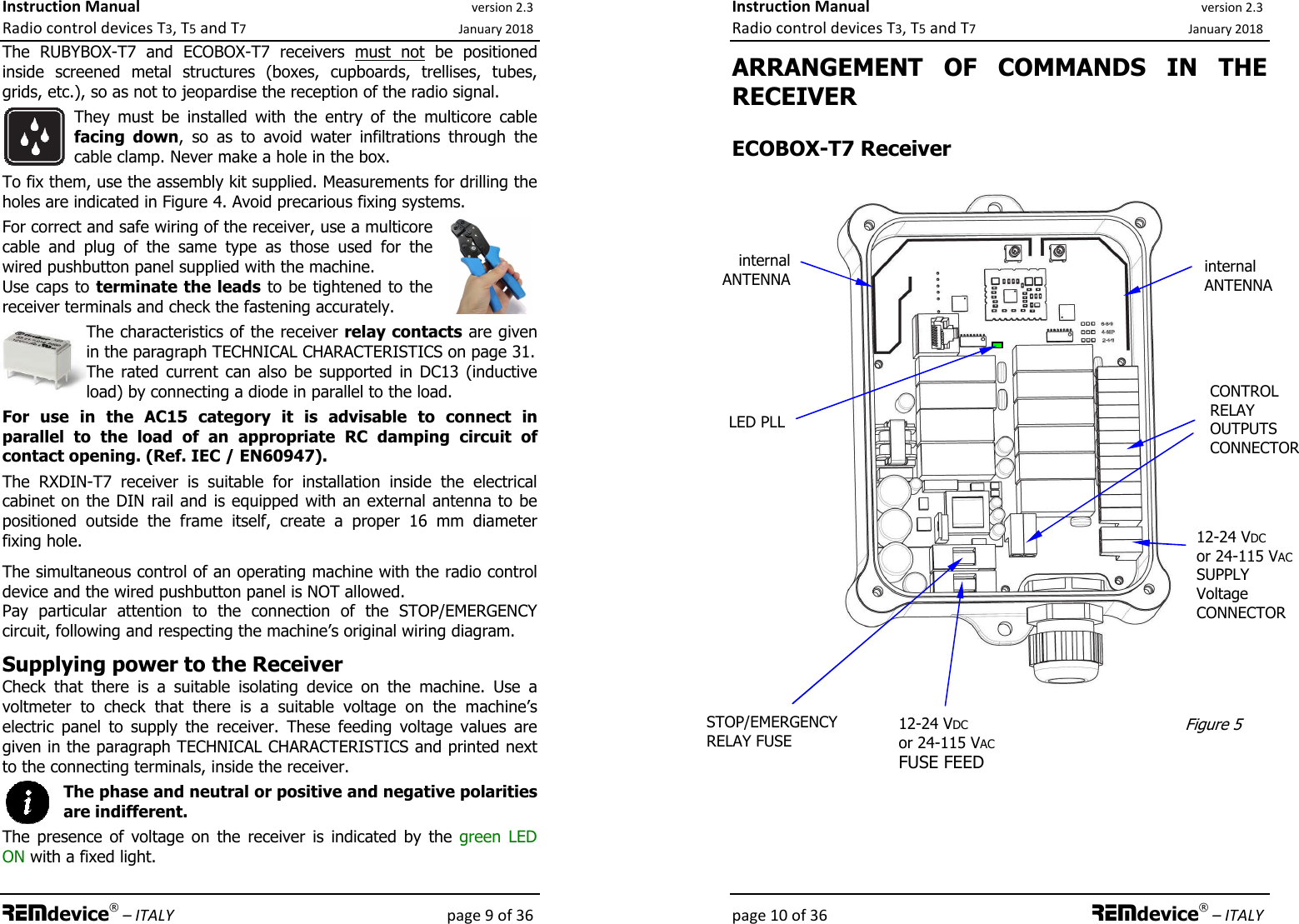 Instruction Manual version 2.3 Radio control devices T3, T5 and T7 January 2018 REMdevice® – ITALY    page 9 of 36 The  RUBYBOX-T7  and  ECOBOX-T7  receivers  must  not  be  positioned inside  screened  metal  structures  (boxes,  cupboards,  trellises,  tubes, grids, etc.), so as not to jeopardise the reception of the radio signal. They  must  be  installed  with  the  entry  of  the  multicore  cable facing  down,  so  as  to  avoid  water  infiltrations  through  the cable clamp. Never make a hole in the box.  To fix them, use the assembly kit supplied. Measurements for drilling the holes are indicated in Figure 4. Avoid precarious fixing systems. For correct and safe wiring of the receiver, use a multicore cable  and  plug  of  the  same  type  as  those  used  for  the wired pushbutton panel supplied with the machine. Use caps to terminate the leads to be tightened to the receiver terminals and check the fastening accurately. The characteristics of the receiver relay contacts are given in the paragraph TECHNICAL CHARACTERISTICS on page 31. The  rated  current  can  also  be  supported  in  DC13 (inductive load) by connecting a diode in parallel to the load.  For  use  in  the  AC15  category  it  is  advisable  to  connect  in parallel  to  the  load  of  an  appropriate  RC  damping  circuit  of contact opening. (Ref. IEC / EN60947). The  RXDIN-T7  receiver  is  suitable  for  installation  inside  the  electrical cabinet on the DIN rail and is equipped with an external antenna to be positioned  outside  the  frame  itself,  create  a  proper  16  mm  diameter fixing hole.  The simultaneous control of an operating machine with the radio control device and the wired pushbutton panel is NOT allowed. Pay  particular  attention  to  the  connection  of  the  STOP/EMERGENCY circuit, following and respecting the machine’s original wiring diagram.  Supplying power to the Receiver Check  that  there  is  a  suitable  isolating  device  on  the  machine.  Use  a voltmeter  to  check  that  there  is  a  suitable  voltage  on  the  machine’s electric  panel  to  supply  the  receiver.  These  feeding  voltage  values  are given in the paragraph TECHNICAL CHARACTERISTICS and printed next to the connecting terminals, inside the receiver.  The phase and neutral or positive and negative polarities are indifferent. The  presence  of  voltage  on  the  receiver  is  indicated  by  the  green  LED ON with a fixed light. Instruction Manual version 2.3 Radio control devices T3, T5 and T7 January 2018 page 10 of 36 REMdevice® – ITALY ARRANGEMENT  OF  COMMANDS  IN  THE RECEIVER  ECOBOX-T7 Receiver    12-24 VDC or 24-115 VAC FUSE FEED STOP/EMERGENCY RELAY FUSE   LED PLL CONTROL  RELAY OUTPUTS CONNECTOR 12-24 VDC or 24-115 VAC SUPPLY  Voltage CONNECTOR   Figure 5 internal ANTENNA  internal ANTENNA  