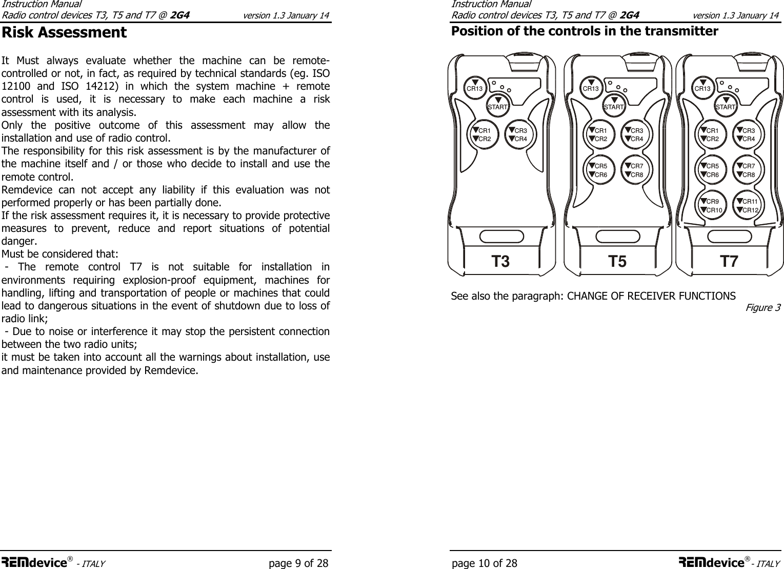 Instruction Manual  Radio control devices T3, T5 and T7 @ 2G4 version 1.3 January 14 REMdevice® - ITALY    page 9 of 28 Risk Assessment  It  Must  always  evaluate  whether  the  machine  can  be  remote-controlled or not, in fact, as required by technical standards (eg. ISO 12100  and  ISO  14212)  in  which  the  system  machine  +  remote control  is  used,  it  is  necessary  to  make  each  machine  a  risk assessment with its analysis. Only  the  positive  outcome  of  this  assessment  may  allow  the installation and use of radio control. The responsibility for this risk assessment is by the manufacturer of the machine itself and / or those who decide to install  and use the remote control. Remdevice  can  not  accept  any  liability  if  this  evaluation  was  not performed properly or has been partially done. If the risk assessment requires it, it is necessary to provide protective measures  to  prevent,  reduce  and  report  situations  of  potential danger. Must be considered that:  -  The  remote  control  T7  is  not  suitable  for  installation  in environments  requiring  explosion-proof  equipment,  machines  for handling, lifting and transportation of people or machines that could lead to dangerous situations in the event of shutdown due to loss of radio link;  - Due to noise or interference it may stop the persistent connection between the two radio units; it must be taken into account all the warnings about installation, use and maintenance provided by Remdevice. Instruction Manual  Radio control devices T3, T5 and T7 @ 2G4 version 1.3 January 14 page 10 of 28 REMdevice®- ITALY Position of the controls in the transmitter    See also the paragraph: CHANGE OF RECEIVER FUNCTIONS CR1CR2CR3CR4CR5CR6CR7CR8CR13STARTCR1CR2CR3CR4CR13STARTCR1CR2CR3CR4CR5CR6CR7CR8CR9CR10CR11CR12CR13STARTT3 T5 T7Figure 3 