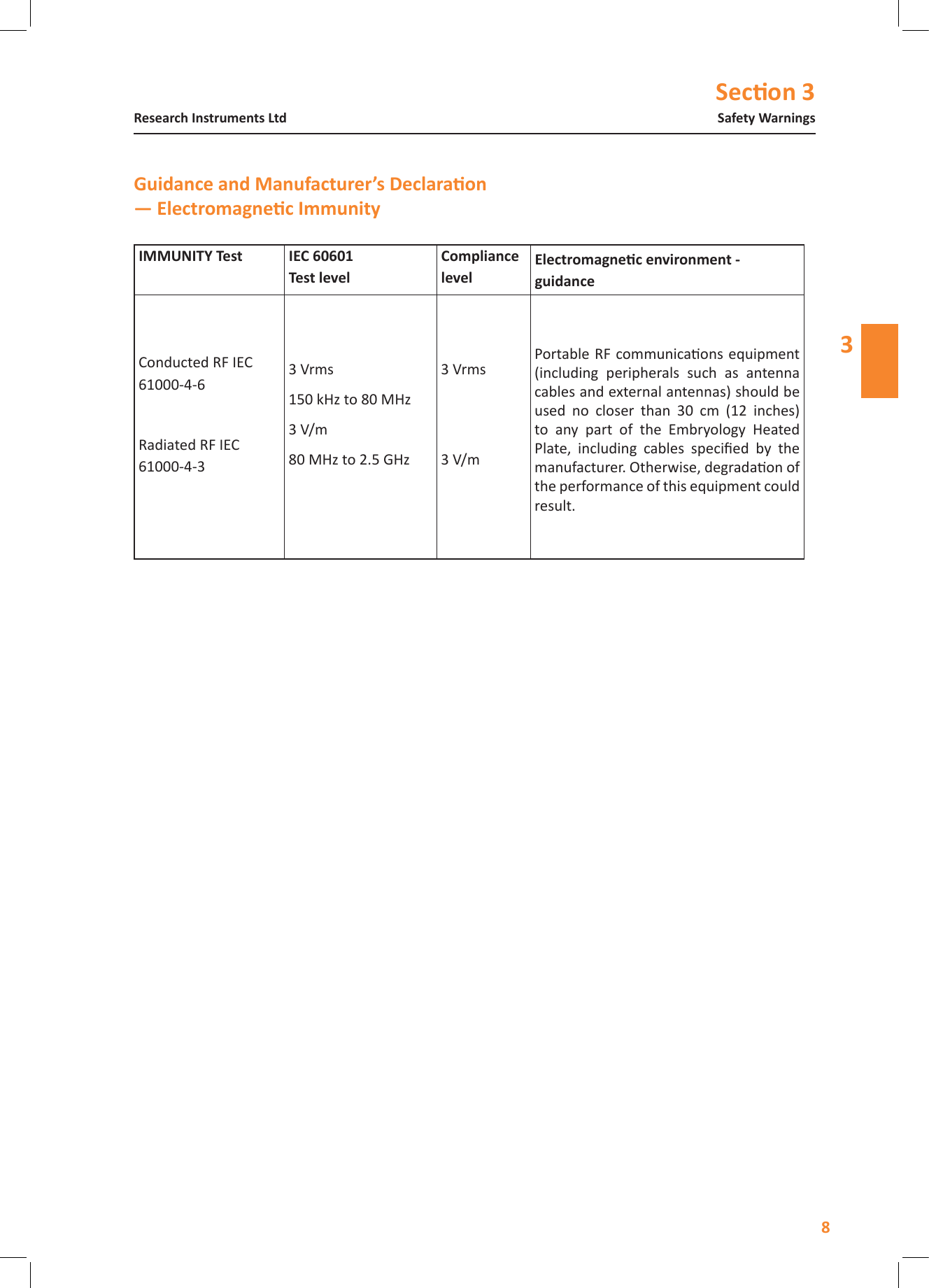 Secon 38Safety WarningsResearch Instruments Ltd3  Compliance Conducted RF IEC 61000-4-6Radiated RF IEC 61000-4-33 Vrms150 kHz to 80 MHz3 V/m80 MHz to 2.5 GHz3 Vrms3 V/mPortable RF communicaons equipment (including  peripherals  such  as  antenna cables and external antennas) should be used  no  closer  than  30  cm  (12  inches) to  any  part  of  the  Embryology  Heated Plate,  including  cables  specied  by  the manufacturer. Otherwise, degradaon of the performance of this equipment could result.