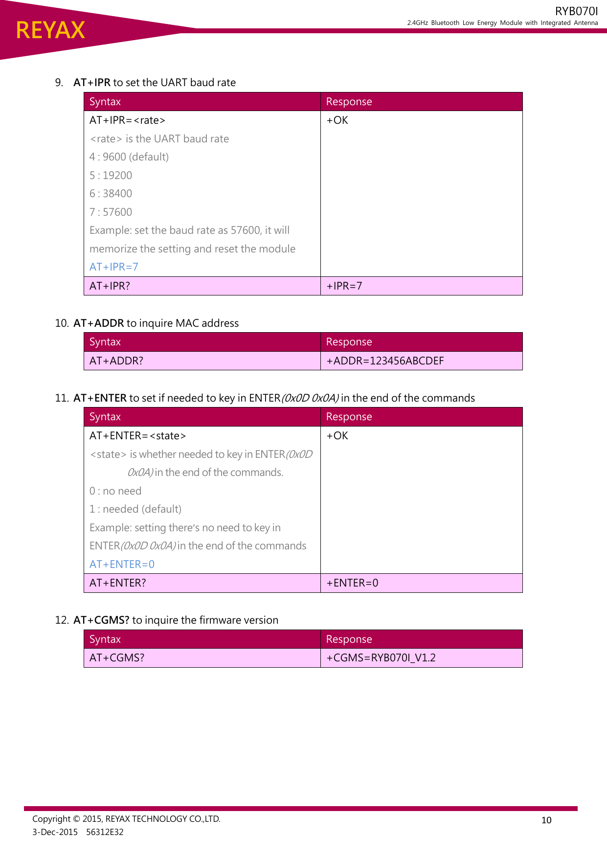  10 REYAX RYB070I 2.4GHz  Bluetooth  Low  Energy  Module  with  Integrated  Antenna  Copyright © 2015, REYAX TECHNOLOGY CO.,LTD. 3-Dec-2015    56312E32   9. AT+IPR to set the UART baud rate Syntax Response AT+IPR=&lt;rate&gt; &lt;rate&gt; is the UART baud rate 4 : 9600 (default) 5 : 19200 6 : 38400 7 : 57600 Example: set the baud rate as 57600, it will memorize the setting and reset the module AT+IPR=7 +OK AT+IPR? +IPR=7  10. AT+ADDR to inquire MAC address Syntax Response AT+ADDR? +ADDR=123456ABCDEF  11. AT+ENTER to set if needed to key in ENTER(0x0D 0x0A) in the end of the commands Syntax Response AT+ENTER=&lt;state&gt; &lt;state&gt; is whether needed to key in ENTER(0x0D 0x0A) in the end of the commands. 0 : no need 1 : needed (default) Example: setting there’s no need to key in ENTER(0x0D 0x0A) in the end of the commands AT+ENTER=0 +OK AT+ENTER? +ENTER=0  12. AT+CGMS? to inquire the firmware version Syntax Response AT+CGMS? +CGMS=RYB070I_V1.2       