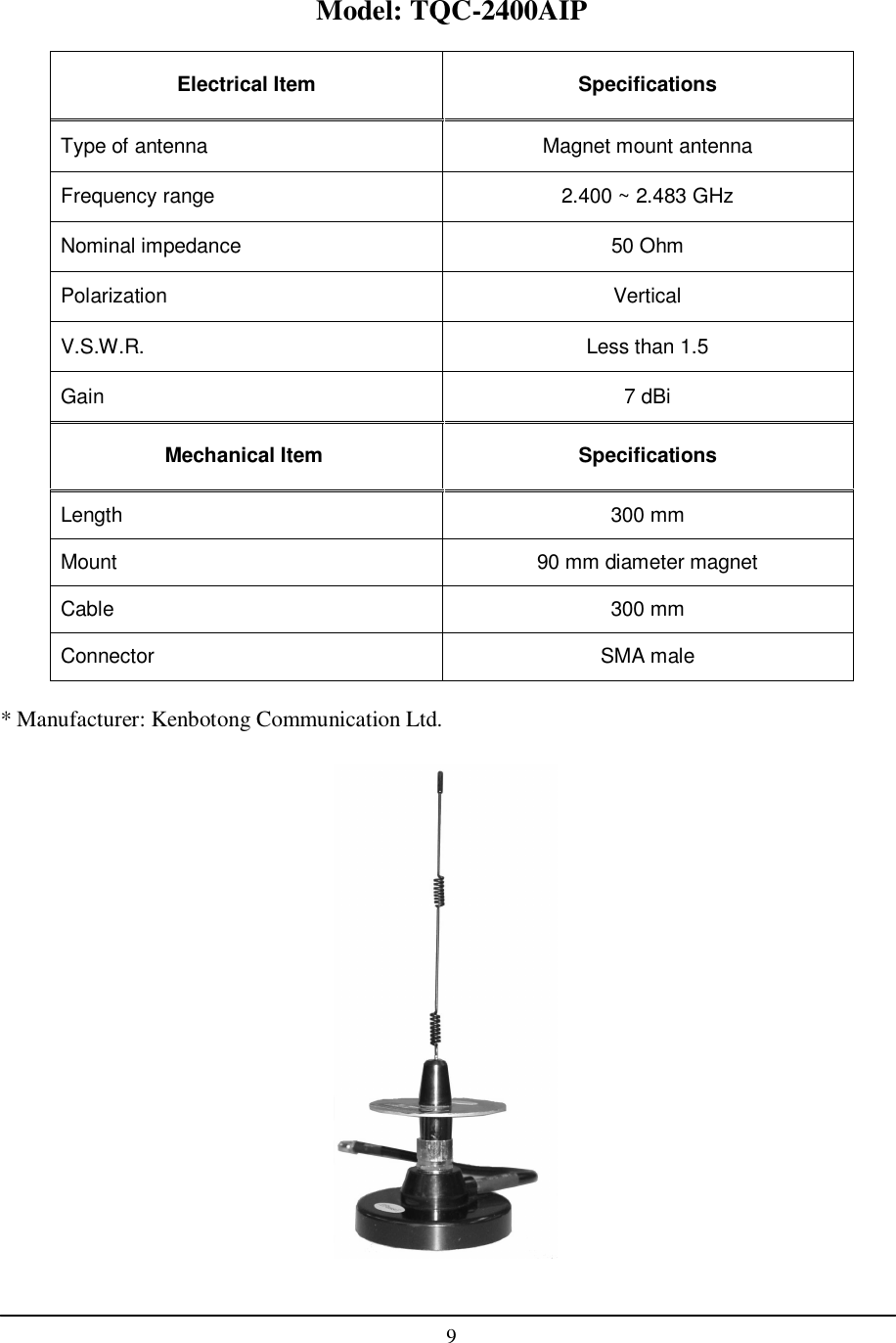    9  Model: TQC-2400AIP  * Manufacturer: Kenbotong Communication Ltd. Electrical Item  Specifications Type of antenna  Magnet mount antenna Frequency range  2.400 ~ 2.483 GHz Nominal impedance  50 Ohm Polarization  Vertical V.S.W.R.  Less than 1.5 Gain  7 dBi Mechanical Item  Specifications Length  300 mm Mount  90 mm diameter magnet Cable  300 mm Connector  SMA male 