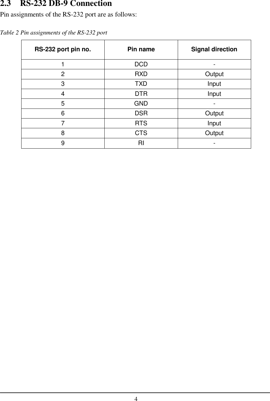    4  2.3   RS-232 DB-9 Connection Pin assignments of the RS-232 port are as follows:  Table 2 Pin assignments of the RS-232 port RS-232 port pin no.  Pin name  Signal direction 1  DCD  - 2  RXD  Output 3  TXD  Input 4  DTR  Input 5  GND  - 6  DSR  Output 7  RTS  Input 8  CTS  Output 9  RI  -  