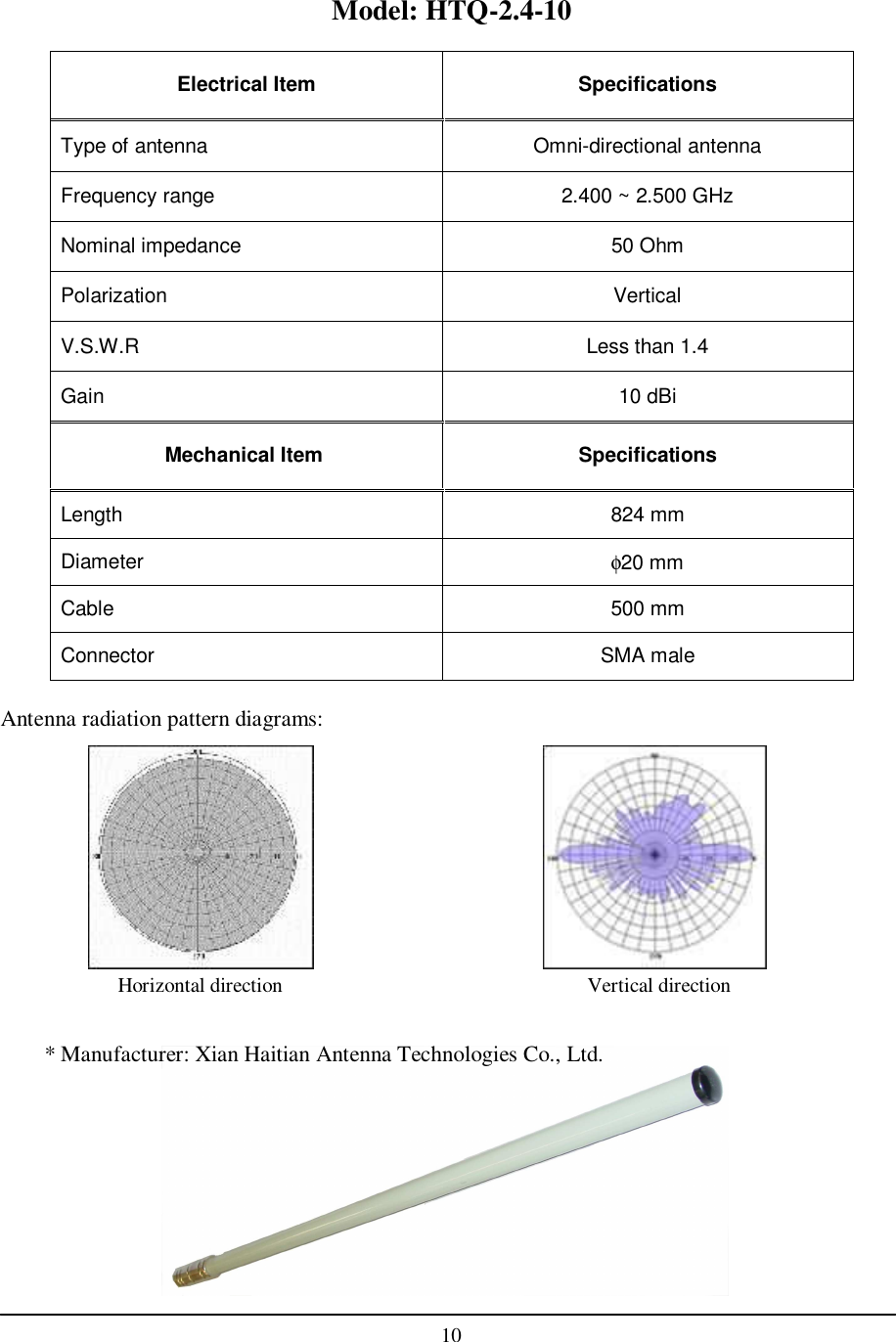    10  Model: HTQ-2.4-10  Antenna radiation pattern diagrams:             * Manufacturer: Xian Haitian Antenna Technologies Co., Ltd.  Electrical Item  Specifications Type of antenna  Omni-directional antenna Frequency range  2.400 ~ 2.500 GHz Nominal impedance  50 Ohm Polarization  Vertical V.S.W.R  Less than 1.4 Gain  10 dBi Mechanical Item  Specifications Length  824 mm  Diameter  φ20 mm Cable  500 mm Connector  SMA male Horizontal direction  Vertical direction 