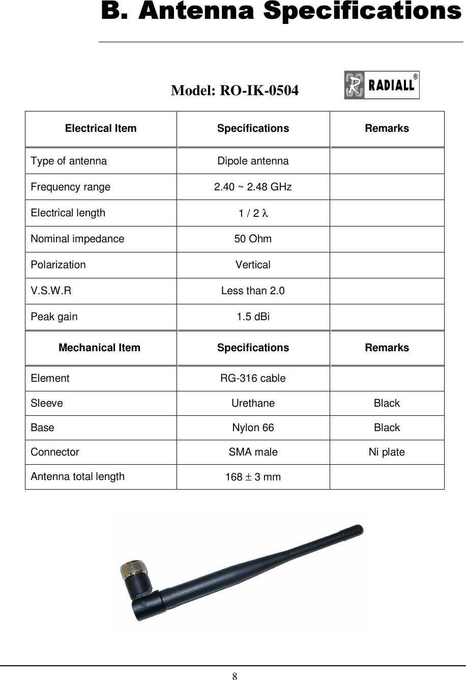    8    Model: RO-IK-0504  B. Antenna Specifications Electrical Item  Specifications  Remarks Type of antenna  Dipole antenna   Frequency range  2.40 ~ 2.48 GHz   Electrical length  1 / 2 λ  Nominal impedance  50 Ohm   Polarization  Vertical   V.S.W.R  Less than 2.0   Peak gain  1.5 dBi   Mechanical Item  Specifications  Remarks Element  RG-316 cable   Sleeve  Urethane  Black  Base  Nylon 66  Black Connector  SMA male  Ni plate Antenna total length  168 ± 3 mm   