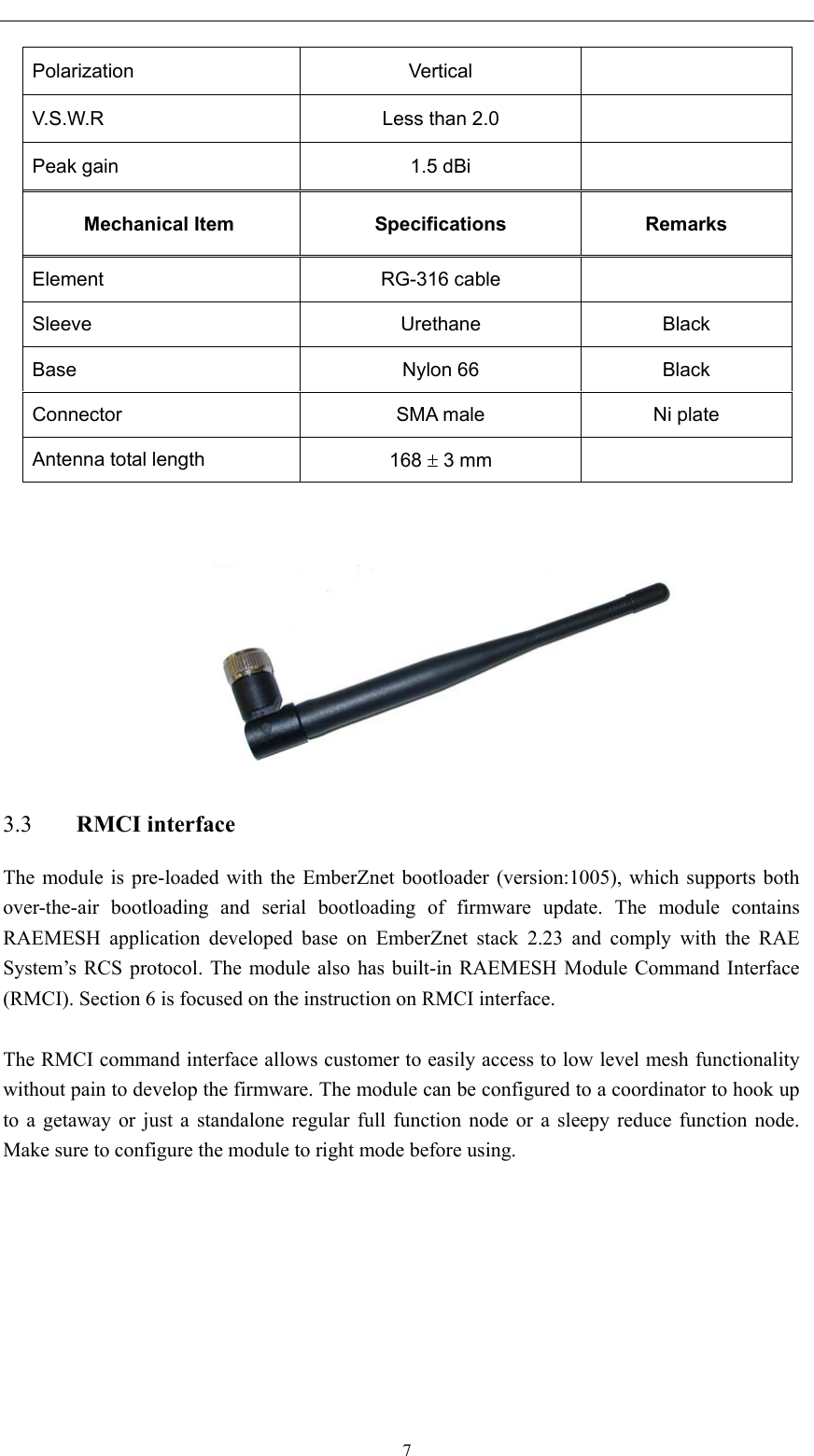   Polarization Vertical  V.S.W.R  Less than 2.0   Peak gain  1.5 dBi   Mechanical Item  Specifications  Remarks Element RG-316 cable  Sleeve Urethane Black  Base Nylon 66 Black Connector  SMA male  Ni plate Antenna total length  168 ± 3 mm              RMCI interface 3.3 The module is pre-loaded with the EmberZnet bootloader (version:1005), which supports both over-the-air bootloading and serial bootloading of firmware update. The module contains RAEMESH application developed base on EmberZnet stack 2.23 and comply with the RAE System’s RCS protocol. The module also has built-in RAEMESH Module Command Interface (RMCI). Section 6 is focused on the instruction on RMCI interface.    The RMCI command interface allows customer to easily access to low level mesh functionality without pain to develop the firmware. The module can be configured to a coordinator to hook up to a getaway or just a standalone regular full function node or a sleepy reduce function node. Make sure to configure the module to right mode before using. 7