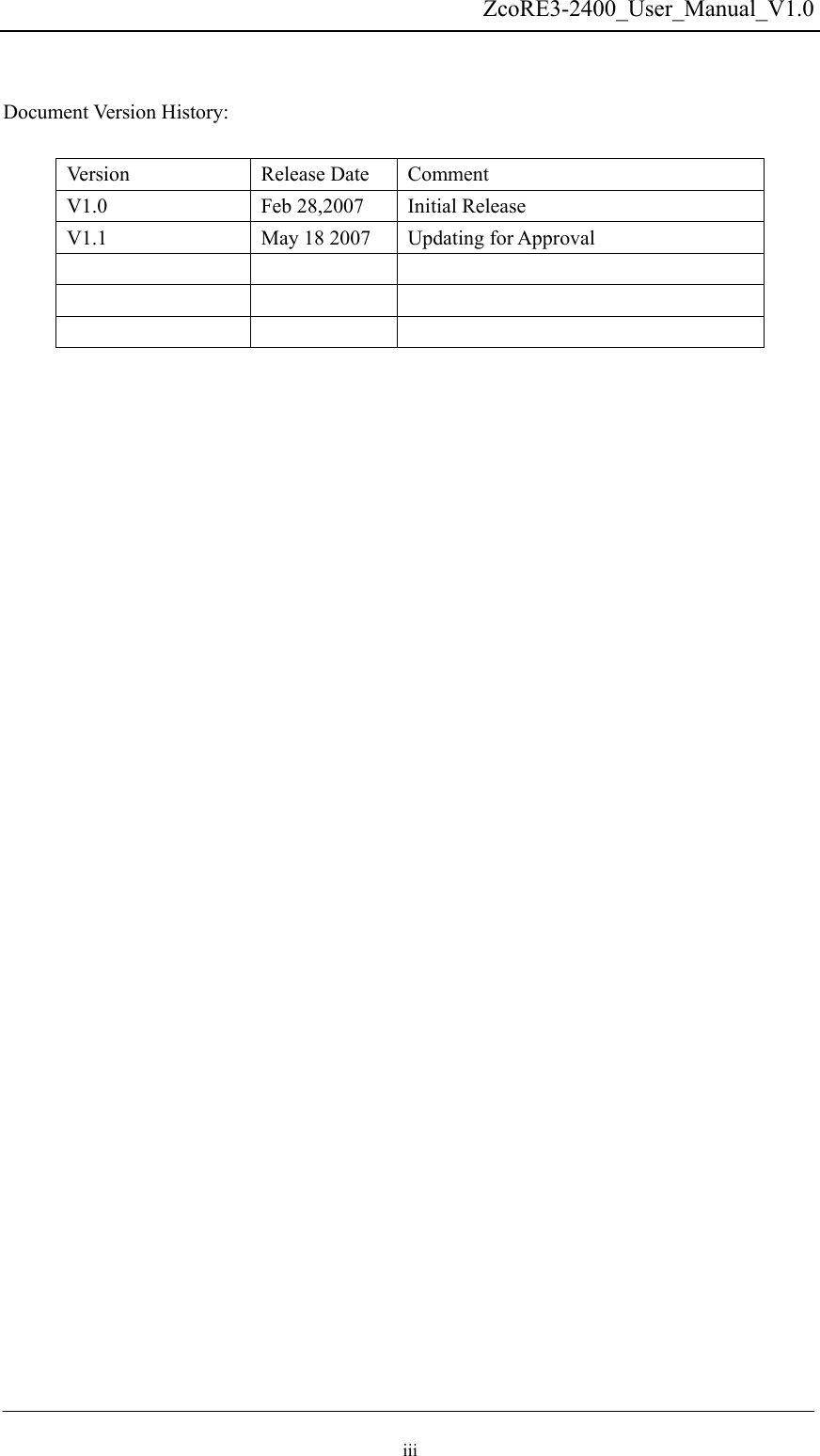   ZcoRE3-2400_User_Manual_V1.0  Document Version History:  Version           Release Date  Comment                         V1.0  Feb 28,2007  Initial Release   V1.1  May 18 2007  Updating for Approval          iii 