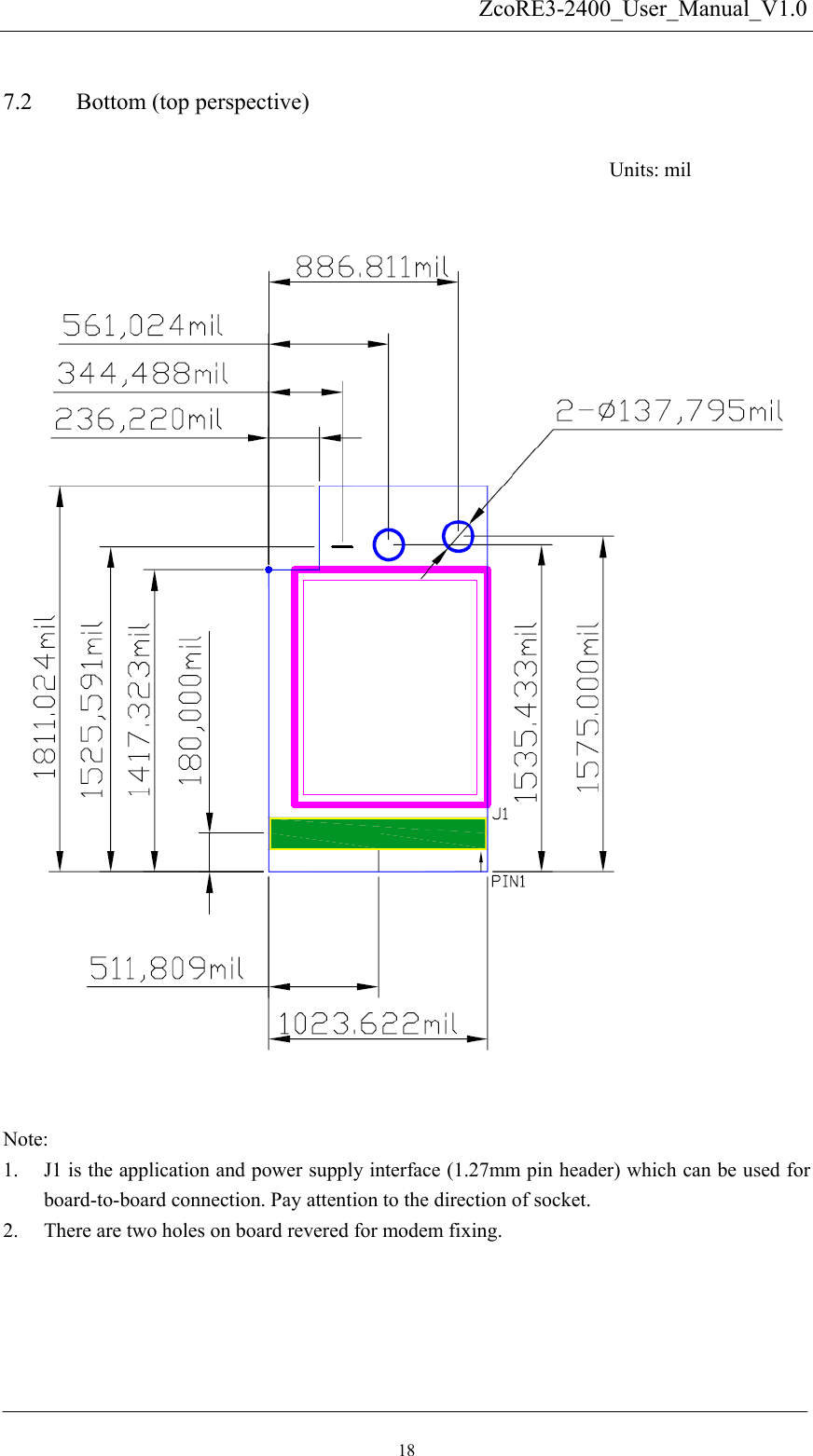   ZcoRE3-2400_User_Manual_V1.0 7.2 Bottom (top perspective)                                                     Units: mil       Note:  1. J1 is the application and power supply interface (1.27mm pin header) which can be used for board-to-board connection. Pay attention to the direction of socket. 2. There are two holes on board revered for modem fixing.        18 