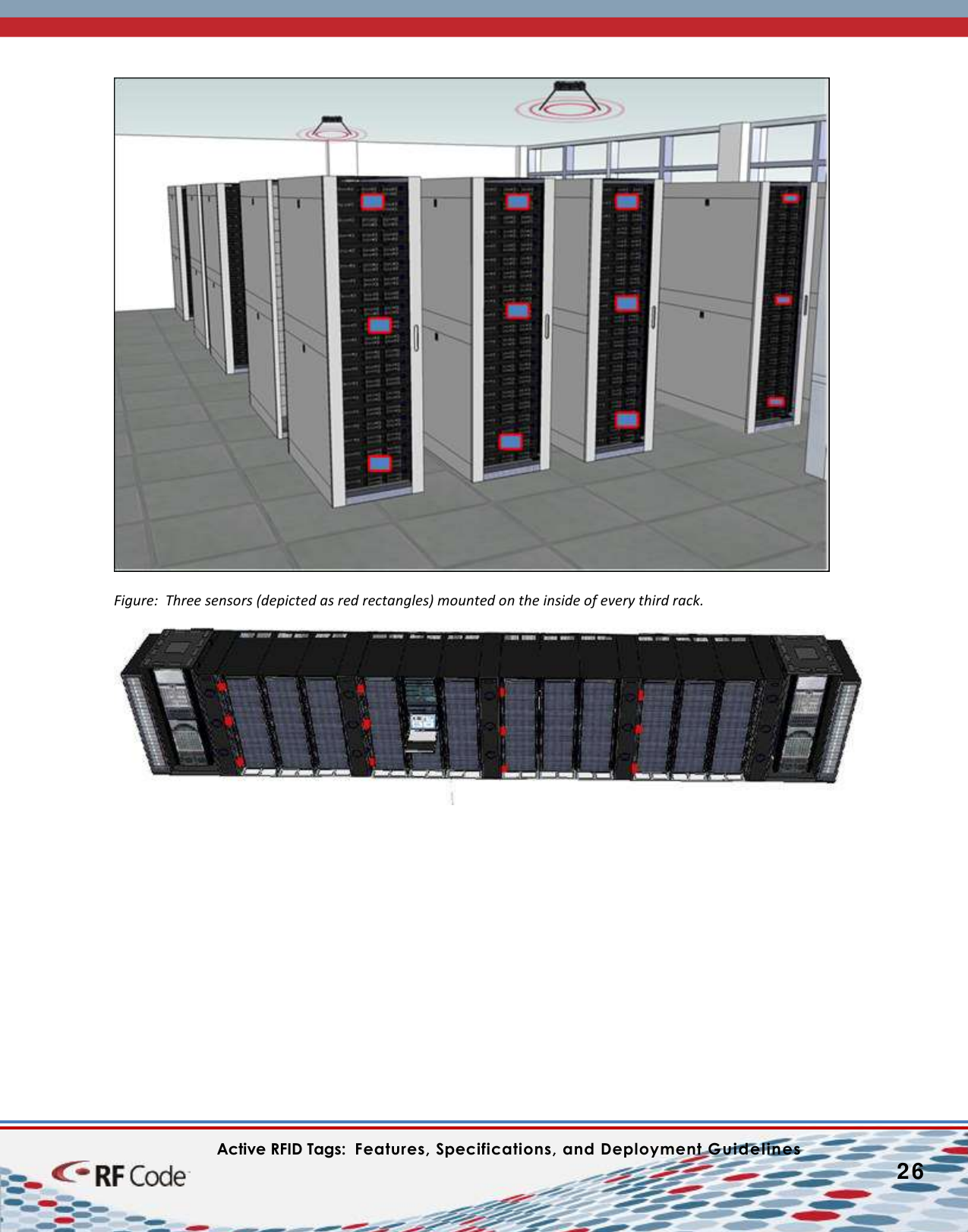    Active RFID Tags:  Features, Specifications, and Deployment Guidelines           26          Figure:  Three sensors (depicted as red rectangles) mounted on the inside of every third rack.     