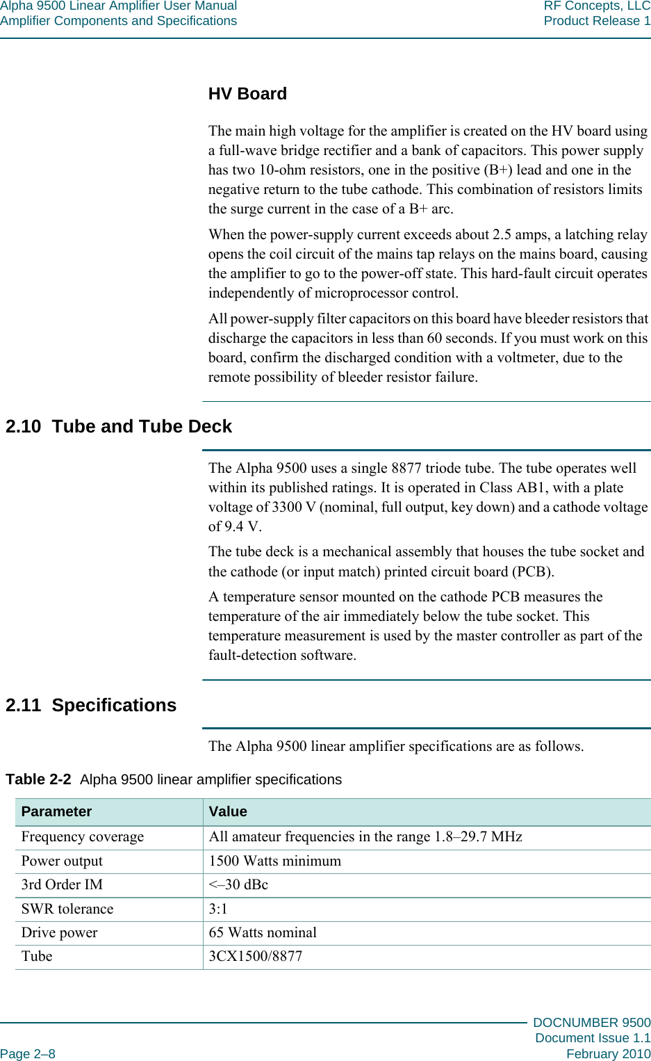 Alpha 9500 Linear Amplifier User Manual RF Concepts, LLCAmplifier Components and Specifications Product Release 1DOCNUMBER 9500Document Issue 1.1Page 2–8 February 2010222HV BoardThe main high voltage for the amplifier is created on the HV board using a full-wave bridge rectifier and a bank of capacitors. This power supply has two 10-ohm resistors, one in the positive (B+) lead and one in the negative return to the tube cathode. This combination of resistors limits the surge current in the case of a B+ arc.When the power-supply current exceeds about 2.5 amps, a latching relay opens the coil circuit of the mains tap relays on the mains board, causing the amplifier to go to the power-off state. This hard-fault circuit operates independently of microprocessor control.All power-supply filter capacitors on this board have bleeder resistors that discharge the capacitors in less than 60 seconds. If you must work on this board, confirm the discharged condition with a voltmeter, due to the remote possibility of bleeder resistor failure.2.10  Tube and Tube DeckThe Alpha 9500 uses a single 8877 triode tube. The tube operates well within its published ratings. It is operated in Class AB1, with a plate voltage of 3300 V (nominal, full output, key down) and a cathode voltage of 9.4 V.The tube deck is a mechanical assembly that houses the tube socket and the cathode (or input match) printed circuit board (PCB).A temperature sensor mounted on the cathode PCB measures the temperature of the air immediately below the tube socket. This temperature measurement is used by the master controller as part of the fault-detection software.2.11  SpecificationsThe Alpha 9500 linear amplifier specifications are as follows.Table 2-2  Alpha 9500 linear amplifier specifications Parameter ValueFrequency coverage All amateur frequencies in the range 1.8–29.7 MHzPower output 1500 Watts minimum3rd Order IM &lt;–30 dBcSWR tolerance 3:1Drive power 65 Watts nominalTube 3CX1500/8877