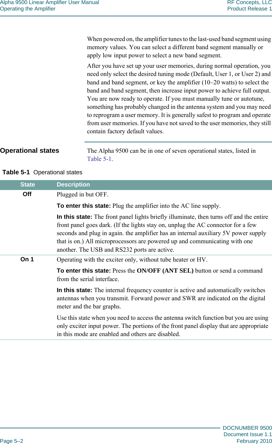 Alpha 9500 Linear Amplifier User Manual RF Concepts, LLCOperating the Amplifier Product Release 1DOCNUMBER 9500Document Issue 1.1Page 5–2 February 2010555When powered on, the amplifier tunes to the last-used band segment using memory values. You can select a different band segment manually or apply low input power to select a new band segment.After you have set up your user memories, during normal operation, you need only select the desired tuning mode (Default, User 1, or User 2) and band and band segment, or key the amplifier (10–20 watts) to select the band and band segment, then increase input power to achieve full output. You are now ready to operate. If you must manually tune or autotune, something has probably changed in the antenna system and you may need to reprogram a user memory. It is generally safest to program and operate from user memories. If you have not saved to the user memories, they still contain factory default values.Operational states The Alpha 9500 can be in one of seven operational states, listed in Table  5-1.Table  5-1  Operational states State DescriptionOff Plugged in but OFF.To enter this state: Plug the amplifier into the AC line supply.In this state: The front panel lights briefly illuminate, then turns off and the entire front panel goes dark. (If the lights stay on, unplug the AC connector for a few seconds and plug in again. the amplifier has an internal auxiliary 5V power supply that is on.) All microprocessors are powered up and communicating with one another. The USB and RS232 ports are active.On 1 Operating with the exciter only, without tube heater or HV.To enter this state: Press the ON/OFF (ANT SEL) button or send a command from the serial interface.In this state: The internal frequency counter is active and automatically switches antennas when you transmit. Forward power and SWR are indicated on the digital meter and the bar graphs.Use this state when you need to access the antenna switch function but you are using only exciter input power. The portions of the front panel display that are appropriate in this mode are enabled and others are disabled.