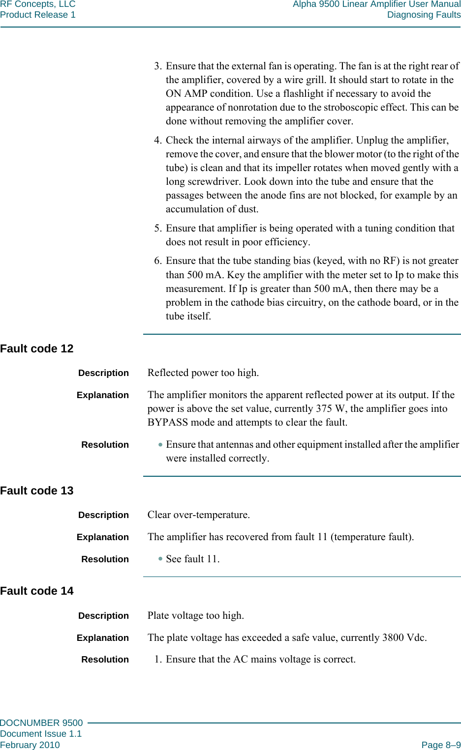 888DOCNUMBER 9500Document Issue 1.1February 2010 Page 8–9RF Concepts, LLC Alpha 9500 Linear Amplifier User ManualProduct Release 1 Diagnosing Faults3. Ensure that the external fan is operating. The fan is at the right rear of the amplifier, covered by a wire grill. It should start to rotate in the ON AMP condition. Use a flashlight if necessary to avoid the appearance of nonrotation due to the stroboscopic effect. This can be done without removing the amplifier cover.4. Check the internal airways of the amplifier. Unplug the amplifier, remove the cover, and ensure that the blower motor (to the right of the tube) is clean and that its impeller rotates when moved gently with a long screwdriver. Look down into the tube and ensure that the passages between the anode fins are not blocked, for example by an accumulation of dust.5. Ensure that amplifier is being operated with a tuning condition that does not result in poor efficiency.6. Ensure that the tube standing bias (keyed, with no RF) is not greater than 500 mA. Key the amplifier with the meter set to Ip to make this measurement. If Ip is greater than 500 mA, then there may be a problem in the cathode bias circuitry, on the cathode board, or in the tube itself.Fault code 12Description Reflected power too high.Explanation The amplifier monitors the apparent reflected power at its output. If the power is above the set value, currently 375 W, the amplifier goes into BYPASS mode and attempts to clear the fault.Resolution •Ensure that antennas and other equipment installed after the amplifier were installed correctly.Fault code 13Description Clear over-temperature.Explanation The amplifier has recovered from fault 11 (temperature fault).Resolution •See fault 11.Fault code 14Description Plate voltage too high.Explanation The plate voltage has exceeded a safe value, currently 3800 Vdc.Resolution 1. Ensure that the AC mains voltage is correct.