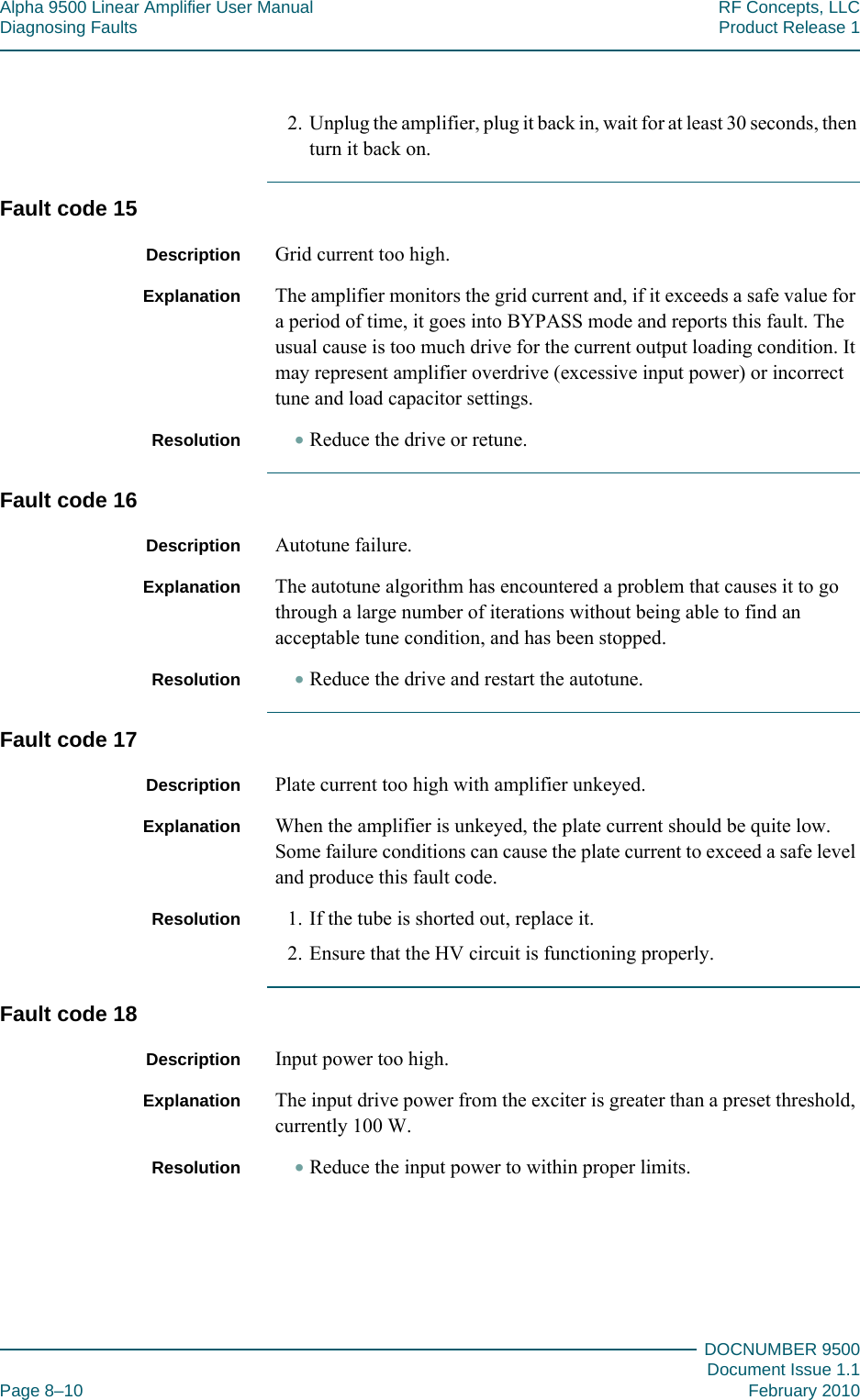 Alpha 9500 Linear Amplifier User Manual RF Concepts, LLCDiagnosing Faults Product Release 1DOCNUMBER 9500Document Issue 1.1Page 8–10 February 20108882. Unplug the amplifier, plug it back in, wait for at least 30 seconds, then turn it back on.Fault code 15Description Grid current too high.Explanation The amplifier monitors the grid current and, if it exceeds a safe value for a period of time, it goes into BYPASS mode and reports this fault. The usual cause is too much drive for the current output loading condition. It may represent amplifier overdrive (excessive input power) or incorrect tune and load capacitor settings.Resolution •Reduce the drive or retune.Fault code 16Description Autotune failure.Explanation The autotune algorithm has encountered a problem that causes it to go through a large number of iterations without being able to find an acceptable tune condition, and has been stopped.Resolution •Reduce the drive and restart the autotune.Fault code 17Description Plate current too high with amplifier unkeyed.Explanation When the amplifier is unkeyed, the plate current should be quite low. Some failure conditions can cause the plate current to exceed a safe level and produce this fault code.Resolution 1. If the tube is shorted out, replace it.2. Ensure that the HV circuit is functioning properly.Fault code 18Description Input power too high.Explanation The input drive power from the exciter is greater than a preset threshold, currently 100 W.Resolution •Reduce the input power to within proper limits.
