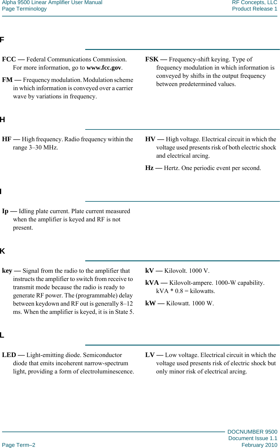 Alpha 9500 Linear Amplifier User Manual RF Concepts, LLCPage Terminology Product Release 1DOCNUMBER 9500Document Issue 1.1Page Term–2 February 2010FFCC — Federal Communications Commission. For more information, go to www.fcc.gov.FM — Frequency modulation. Modulation scheme in which information is conveyed over a carrier wave by variations in frequency.FSK — Frequency-shift keying. Type of frequency modulation in which information is conveyed by shifts in the output frequency between predetermined values.HHF — High frequency. Radio frequency within the range 3–30 MHz.HV — High voltage. Electrical circuit in which the voltage used presents risk of both electric shock and electrical arcing.Hz — Hertz. One periodic event per second.IIp — Idling plate current. Plate current measured when the amplifier is keyed and RF is not present.Kkey — Signal from the radio to the amplifier that instructs the amplifier to switch from receive to transmit mode because the radio is ready to generate RF power. The (programmable) delay between keydown and RF out is generally 8–12 ms. When the amplifier is keyed, it is in State 5.kV — Kilovolt. 1000 V.kVA — Kilovolt-ampere. 1000-W capability. kVA * 0.8 = kilowatts.kW — Kilowatt. 1000 W.LLED — Light-emitting diode. Semiconductor diode that emits incoherent narrow-spectrum light, providing a form of electroluminescence.LV — Low voltage. Electrical circuit in which the voltage used presents risk of electric shock but only minor risk of electrical arcing.