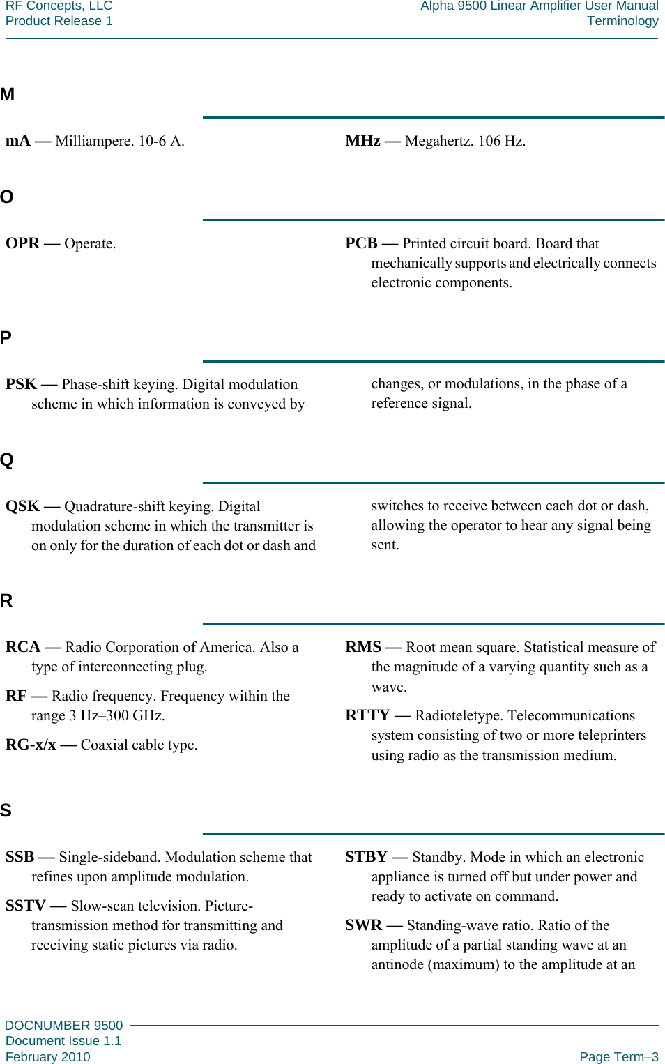 DOCNUMBER 9500Document Issue 1.1February 2010 Page Term–3RF Concepts, LLC Alpha 9500 Linear Amplifier User ManualProduct Release 1 TerminologyMmA — Milliampere. 10-6 A. MHz — Megahertz. 106 Hz.OOPR — Operate. PCB — Printed circuit board. Board that mechanically supports and electrically connects electronic components.PPSK — Phase-shift keying. Digital modulation scheme in which information is conveyed by changes, or modulations, in the phase of a reference signal.QQSK — Quadrature-shift keying. Digital modulation scheme in which the transmitter is on only for the duration of each dot or dash and switches to receive between each dot or dash, allowing the operator to hear any signal being sent.RRCA — Radio Corporation of America. Also a type of interconnecting plug.RF — Radio frequency. Frequency within the range 3 Hz–300 GHz.RG-x/x — Coaxial cable type.RMS — Root mean square. Statistical measure of the magnitude of a varying quantity such as a wave.RTTY — Radioteletype. Telecommunications system consisting of two or more teleprinters using radio as the transmission medium.SSSB — Single-sideband. Modulation scheme that refines upon amplitude modulation.SSTV — Slow-scan television. Picture-transmission method for transmitting and receiving static pictures via radio.STBY — Standby. Mode in which an electronic appliance is turned off but under power and ready to activate on command.SWR — Standing-wave ratio. Ratio of the amplitude of a partial standing wave at an antinode (maximum) to the amplitude at an 