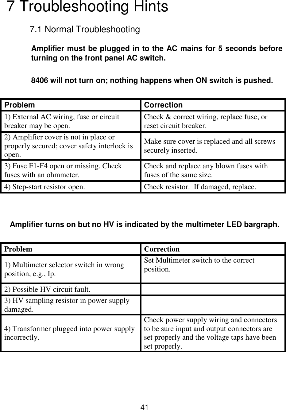 41 7 Troubleshooting Hints  7.1 Normal Troubleshooting Amplifier must be plugged in to the AC mains for 5 seconds before turning on the front panel AC switch.  8406 will not turn on; nothing happens when ON switch is pushed. Problem  Correction  1) External AC wiring, fuse or circuit breaker may be open.  Check &amp; correct wiring, replace fuse, or reset circuit breaker.  2) Amplifier cover is not in place or properly secured; cover safety interlock is open.  Make sure cover is replaced and all screws securely inserted.  3) Fuse F1-F4 open or missing. Check fuses with an ohmmeter.  Check and replace any blown fuses with fuses of the same size.  4) Step-start resistor open.  Check resistor.  If damaged, replace.     Amplifier turns on but no HV is indicated by the multimeter LED bargraph.  Problem  Correction  1) Multimeter selector switch in wrong position, e.g., Ip.  Set Multimeter switch to the correct position.  2) Possible HV circuit fault.   3) HV sampling resistor in power supply damaged.  4) Transformer plugged into power supply incorrectly. Check power supply wiring and connectors to be sure input and output connectors are set properly and the voltage taps have been set properly.   