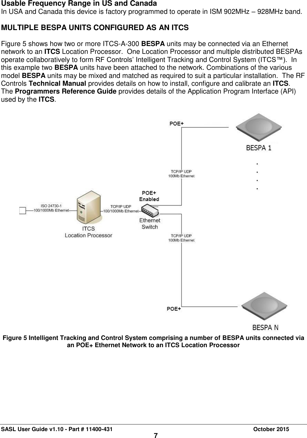 SASL User Guide v1.10 - Part # 11400-431     October 2015 7 Usable Frequency Range in US and Canada In USA and Canada this device is factory programmed to operate in ISM 902MHz – 928MHz band.  MULTIPLE BESPA UNITS CONFIGURED AS AN ITCS   Figure 5 shows how two or more ITCS-A-300 BESPA units may be connected via an Ethernet network to an ITCS Location Processor.  One Location Processor and multiple distributed BESPAs operate collaboratively to form RF Controls’ Intelligent Tracking and Control System (ITCS™).  In this example two BESPA units have been attached to the network. Combinations of the various model BESPA units may be mixed and matched as required to suit a particular installation.  The RF Controls Technical Manual provides details on how to install, configure and calibrate an ITCS.  The Programmers Reference Guide provides details of the Application Program Interface (API) used by the ITCS.     Figure 5 Intelligent Tracking and Control System comprising a number of BESPA units connected via an POE+ Ethernet Network to an ITCS Location Processor   