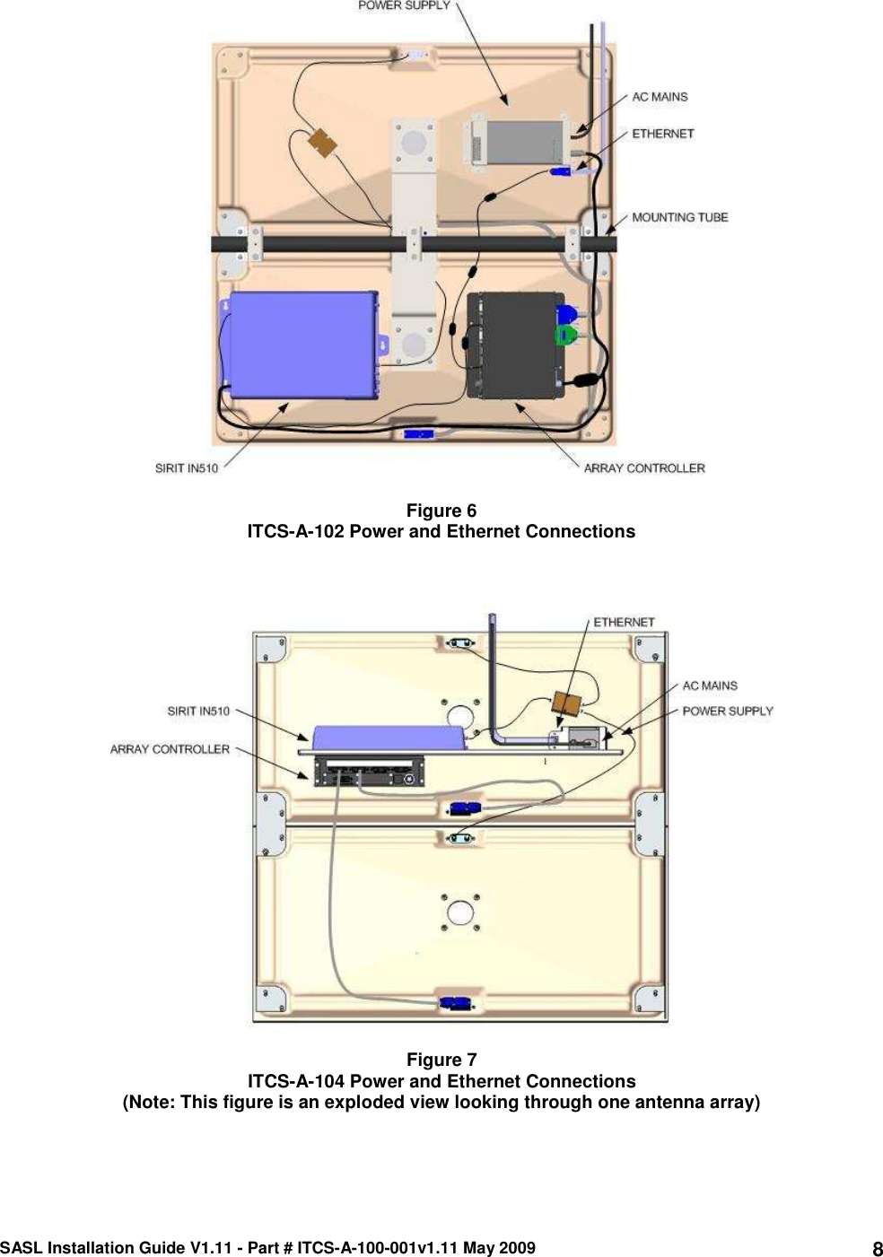 SASL Installation Guide V1.11 - Part # ITCS-A-100-001v1.11 May 2009 8  Figure 6 ITCS-A-102 Power and Ethernet Connections      Figure 7 ITCS-A-104 Power and Ethernet Connections  (Note: This figure is an exploded view looking through one antenna array)    