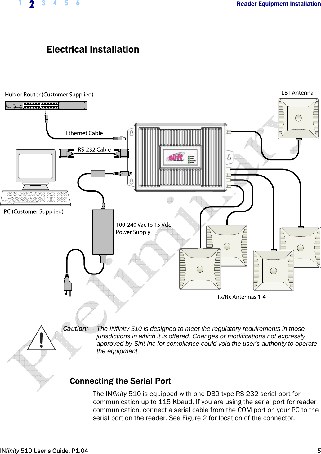  1  2  3 4 5 6                Reader Equipment Installation   INfinity 510 User’s Guide, P1.04  5  Electrical Installation      Caution:  The INfinity 510 is designed to meet the regulatory requirements in those jurisdictions in which it is offered. Changes or modifications not expressly approved by Sirit Inc for compliance could void the user&apos;s authority to operate the equipment.  Connecting the Serial Port The INfinity 510 is equipped with one DB9 type RS-232 serial port for communication up to 115 Kbaud. If you are using the serial port for reader communication, connect a serial cable from the COM port on your PC to the serial port on the reader. See Figure 2 for location of the connector.  