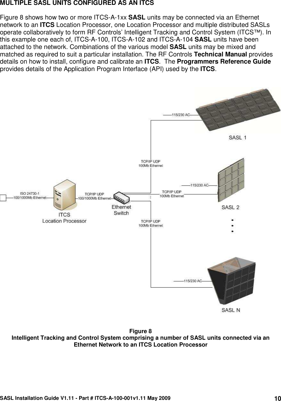 SASL Installation Guide V1.11 - Part # ITCS-A-100-001v1.11 May 2009 10MULTIPLE SASL UNITS CONFIGURED AS AN ITCS   Figure 8 shows how two or more ITCS-A-1xx SASL units may be connected via an Ethernet network to an ITCS Location Processor, one Location Processor and multiple distributed SASLs operate collaboratively to form RF Controls’ Intelligent Tracking and Control System (ITCS™). In this example one each of, ITCS-A-100, ITCS-A-102 and ITCS-A-104 SASL units have been attached to the network. Combinations of the various model SASL units may be mixed and matched as required to suit a particular installation. The RF Controls Technical Manual provides details on how to install, configure and calibrate an ITCS.  The Programmers Reference Guide provides details of the Application Program Interface (API) used by the ITCS.        Figure 8 Intelligent Tracking and Control System comprising a number of SASL units connected via an Ethernet Network to an ITCS Location Processor   