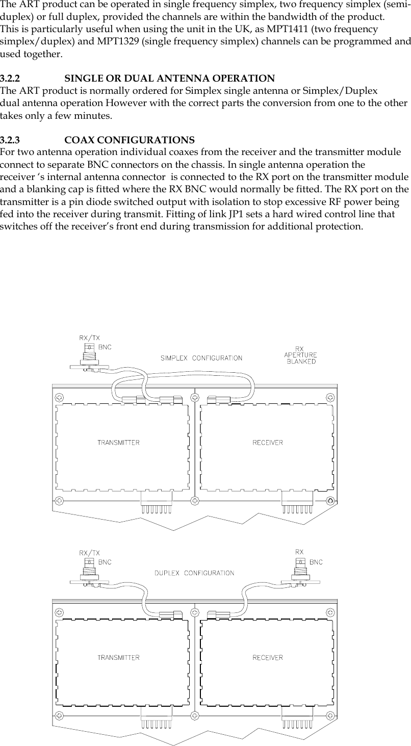  Commercial In Confidence 26 The ART product can be operated in single frequency simplex, two frequency simplex (semi-duplex) or full duplex, provided the channels are within the bandwidth of the product.  This is particularly useful when using the unit in the UK, as MPT1411 (two frequency simplex/duplex) and MPT1329 (single frequency simplex) channels can be programmed and used together.   3.2.2    SINGLE OR DUAL ANTENNA OPERATION The ART product is normally ordered for Simplex single antenna or Simplex/Duplex dual antenna operation However with the correct parts the conversion from one to the other  takes only a few minutes.  3.2.3    COAX CONFIGURATIONS For two antenna operation individual coaxes from the receiver and the transmitter module connect to separate BNC connectors on the chassis. In single antenna operation the  receiver ‘s internal antenna connector  is connected to the RX port on the transmitter module and a blanking cap is fitted where the RX BNC would normally be fitted. The RX port on the transmitter is a pin diode switched output with isolation to stop excessive RF power being fed into the receiver during transmit. Fitting of link JP1 sets a hard wired control line that switches off the receiver’s front end during transmission for additional protection.   