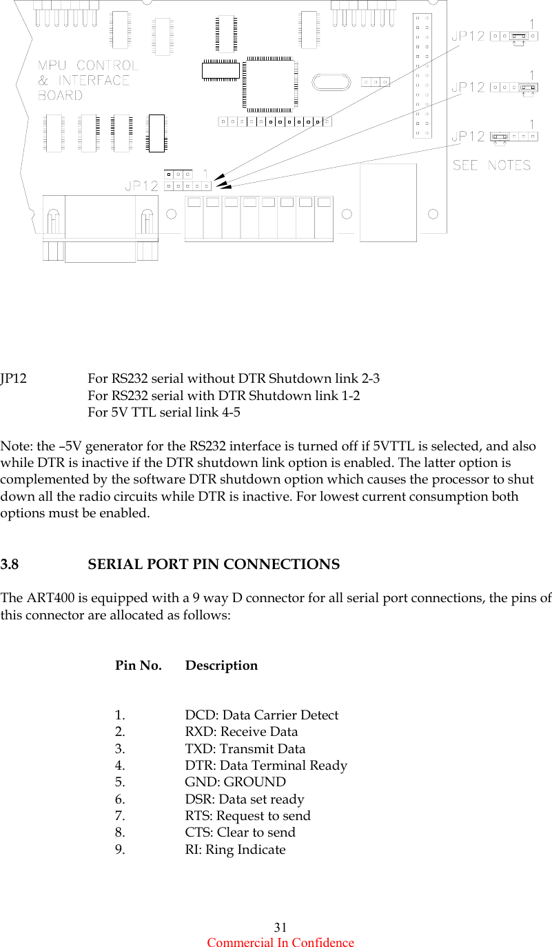  Commercial In Confidence 31      JP12  For RS232 serial without DTR Shutdown link 2-3   For RS232 serial with DTR Shutdown link 1-2   For 5V TTL serial link 4-5    Note: the –5V generator for the RS232 interface is turned off if 5VTTL is selected, and also while DTR is inactive if the DTR shutdown link option is enabled. The latter option is complemented by the software DTR shutdown option which causes the processor to shut down all the radio circuits while DTR is inactive. For lowest current consumption both options must be enabled.   3.8   SERIAL PORT PIN CONNECTIONS           The ART400 is equipped with a 9 way D connector for all serial port connections, the pins of this connector are allocated as follows:   Pin No.     Description   1.  DCD: Data Carrier Detect 2.  RXD: Receive Data 3.  TXD: Transmit Data 4.  DTR: Data Terminal Ready 5. GND: GROUND 6.  DSR: Data set ready 7.  RTS: Request to send 8.  CTS: Clear to send 9. RI: Ring Indicate    