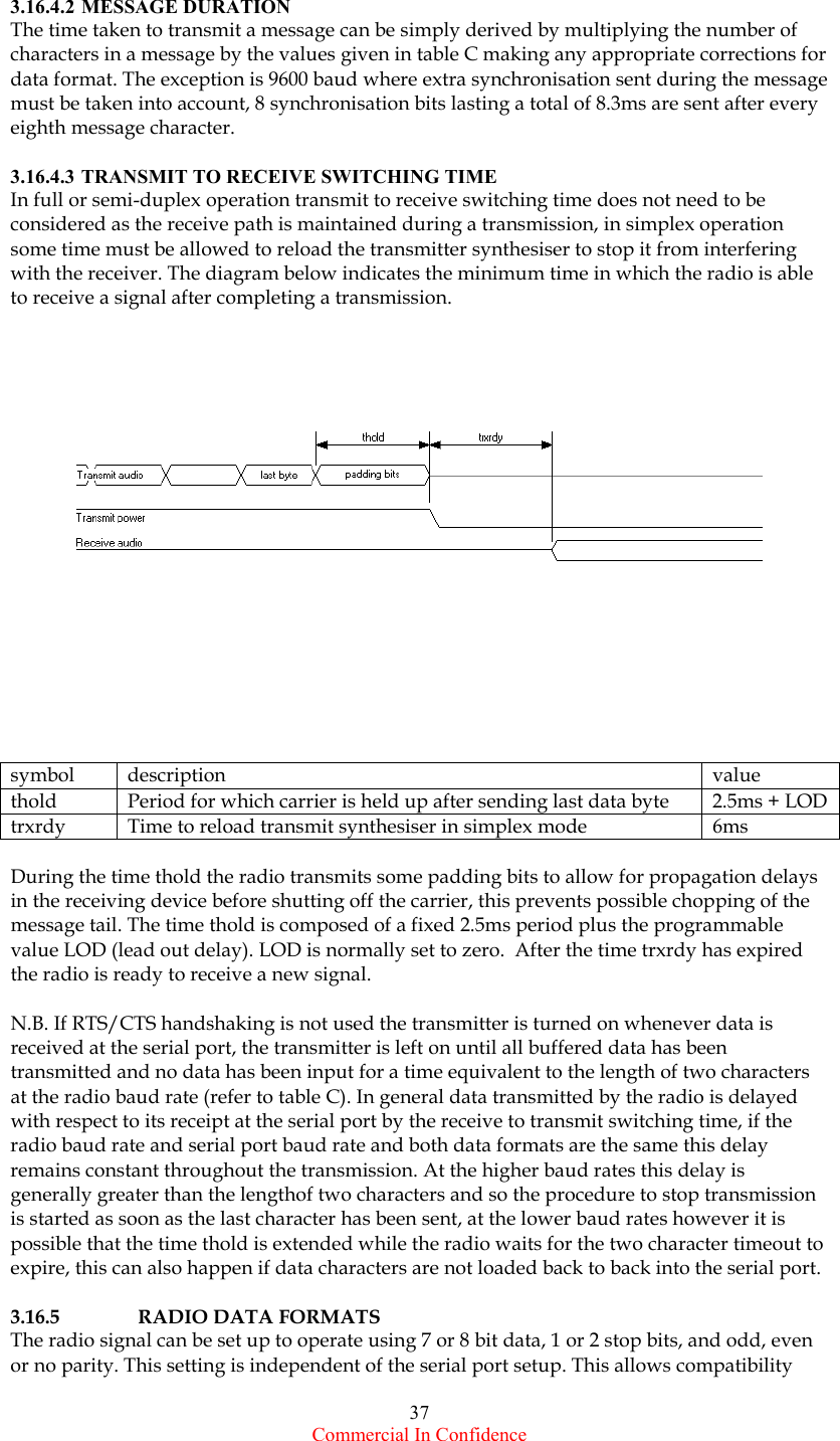  Commercial In Confidence 37  3.16.4.2 MESSAGE DURATION The time taken to transmit a message can be simply derived by multiplying the number of characters in a message by the values given in table C making any appropriate corrections for data format. The exception is 9600 baud where extra synchronisation sent during the message must be taken into account, 8 synchronisation bits lasting a total of 8.3ms are sent after every eighth message character.  3.16.4.3 TRANSMIT TO RECEIVE SWITCHING TIME In full or semi-duplex operation transmit to receive switching time does not need to be considered as the receive path is maintained during a transmission, in simplex operation some time must be allowed to reload the transmitter synthesiser to stop it from interfering with the receiver. The diagram below indicates the minimum time in which the radio is able to receive a signal after completing a transmission.           symbol description  value thold  Period for which carrier is held up after sending last data byte  2.5ms + LOD trxrdy  Time to reload transmit synthesiser in simplex mode  6ms  During the time thold the radio transmits some padding bits to allow for propagation delays in the receiving device before shutting off the carrier, this prevents possible chopping of the message tail. The time thold is composed of a fixed 2.5ms period plus the programmable value LOD (lead out delay). LOD is normally set to zero.  After the time trxrdy has expired the radio is ready to receive a new signal.  N.B. If RTS/CTS handshaking is not used the transmitter is turned on whenever data is received at the serial port, the transmitter is left on until all buffered data has been transmitted and no data has been input for a time equivalent to the length of two characters at the radio baud rate (refer to table C). In general data transmitted by the radio is delayed with respect to its receipt at the serial port by the receive to transmit switching time, if the radio baud rate and serial port baud rate and both data formats are the same this delay remains constant throughout the transmission. At the higher baud rates this delay is generally greater than the lengthof two characters and so the procedure to stop transmission is started as soon as the last character has been sent, at the lower baud rates however it is possible that the time thold is extended while the radio waits for the two character timeout to expire, this can also happen if data characters are not loaded back to back into the serial port.  3.16.5 RADIO DATA FORMATS The radio signal can be set up to operate using 7 or 8 bit data, 1 or 2 stop bits, and odd, even or no parity. This setting is independent of the serial port setup. This allows compatibility 