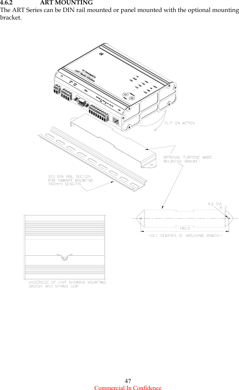  Commercial In Confidence 47          4.6.2 ART MOUNTING The ART Series can be DIN rail mounted or panel mounted with the optional mounting bracket.            