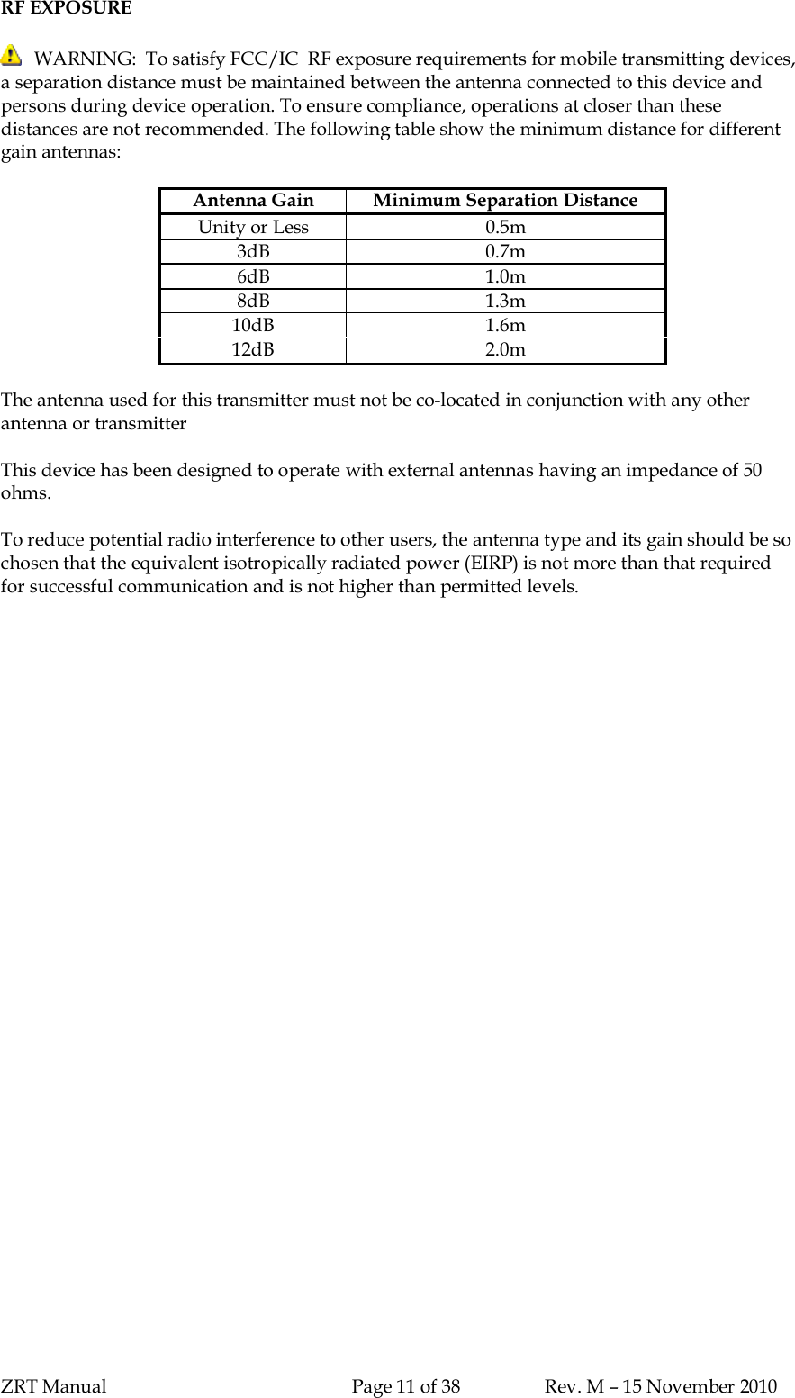 ZRT Manual Page 11 of 38 Rev. M – 15 November 2010RF EXPOSUREWARNING:  To satisfy FCC/IC  RF exposure requirements for mobile transmitting devices,a separation distance must be maintained between the antenna connected to this device andpersons during device operation. To ensure compliance, operations at closer than thesedistances are not recommended. The following table show the minimum distance for differentgain antennas:Antenna Gain Minimum Separation DistanceUnity or Less 0.5m3dB 0.7m6dB 1.0m8dB 1.3m10dB 1.6m12dB 2.0mThe antenna used for this transmitter must not be co-located in conjunction with any otherantenna or transmitterThis device has been designed to operate with external antennas having an impedance of 50ohms.To reduce potential radio interference to other users, the antenna type and its gain should be sochosen that the equivalent isotropically radiated power (EIRP) is not more than that requiredfor successful communication and is not higher than permitted levels.