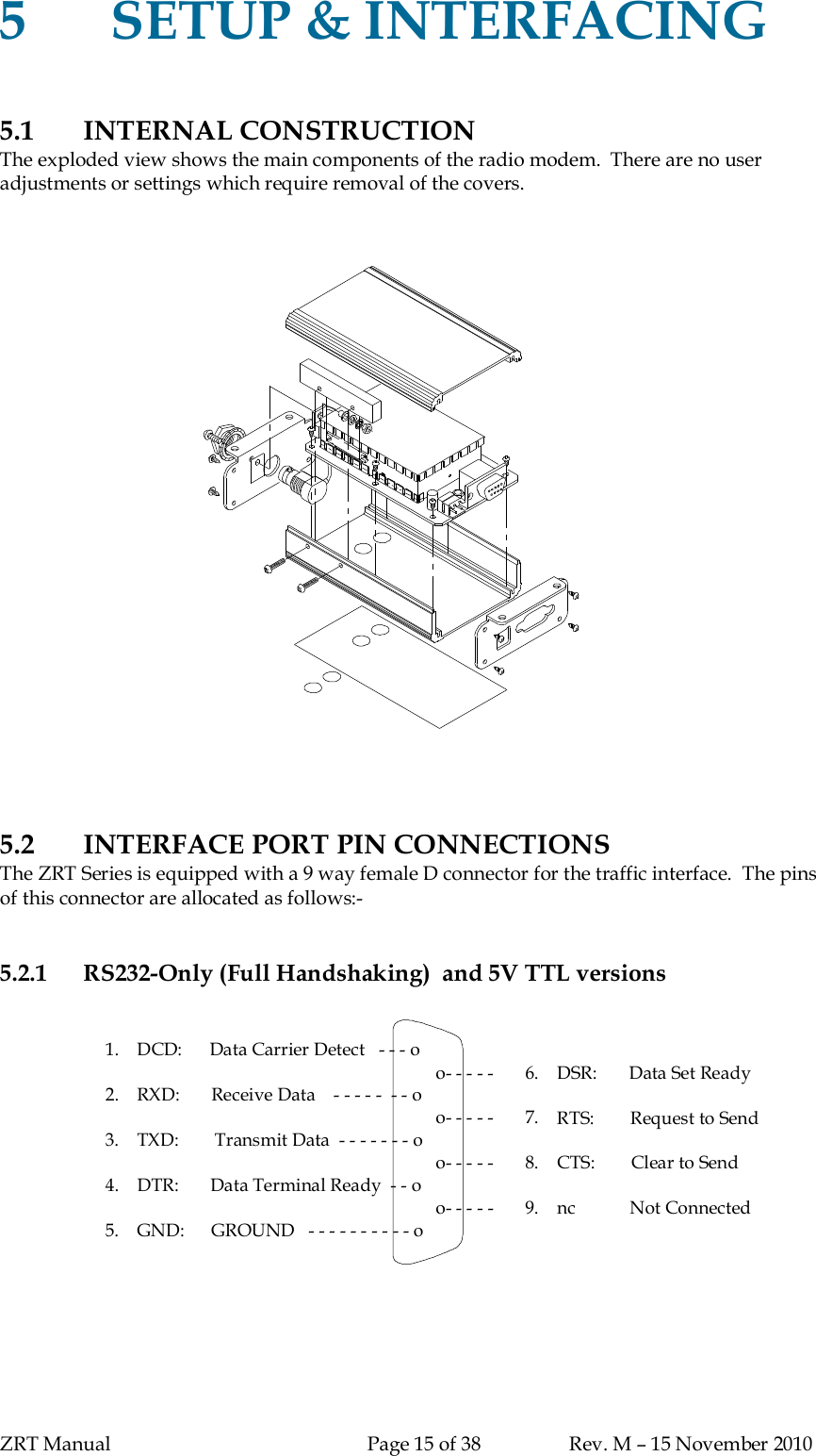 ZRT Manual Page 15 of 38 Rev. M – 15 November 20105SETUP &amp; INTERFACING5.1 INTERNAL CONSTRUCTIONThe exploded view shows the main components of the radio modem.  There are no useradjustments or settings which require removal of the covers.5.2 INTERFACE PORT PIN CONNECTIONSThe ZRT Series is equipped with a 9 way female D connector for the traffic interface.  The pinsof this connector are allocated as follows:-5.2.1 RS232-Only (Full Handshaking)  and 5V TTL versions 1.    DCD:      Data Carrier Detect   - - - o 2.    RXD:       Receive Data    - - - - -  - -                                                                          o- - - - -       6.    DSR:       Data Set Readyo                                                                          o- - - - -       7. 3.                                                                          o- - - - -       8. 4.    DTR:       Data Terminal Ready  - - o                                                                          o- - - - -       9.    nc            Not Connected 5.RTS:        Request to SendTXD:        Transmit Data  - - - - - - - oCTS:        Clear to SendGND:      GROUND   - - - - - - - - - - o