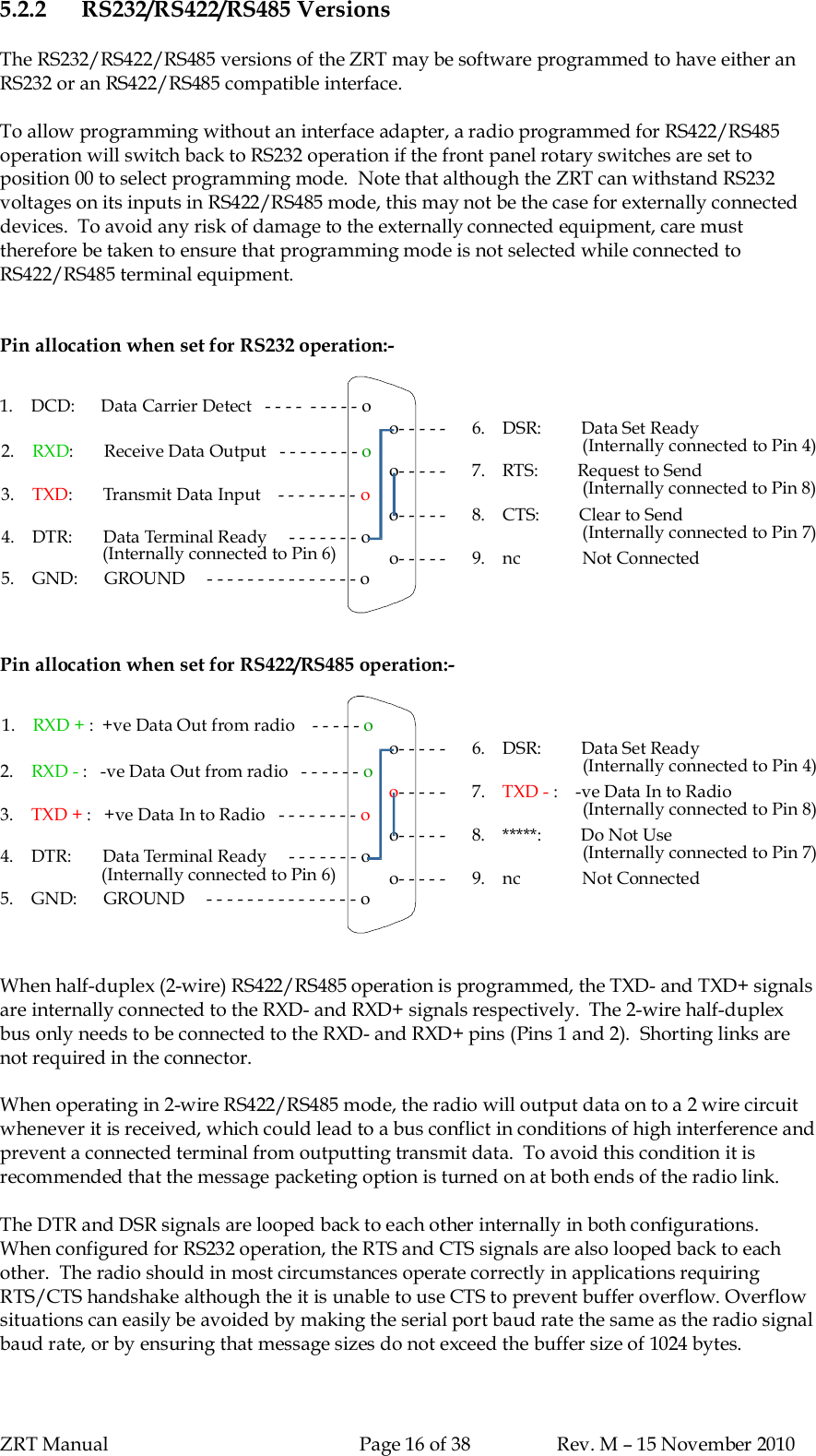 ZRT Manual Page 16 of 38 Rev. M – 15 November 20105.2.2 RS232/RS422/RS485 VersionsThe RS232/RS422/RS485 versions of the ZRT may be software programmed to have either anRS232 or an RS422/RS485 compatible interface.To allow programming without an interface adapter, a radio programmed for RS422/RS485operation will switch back to RS232 operation if the front panel rotary switches are set toposition 00 to select programming mode.  Note that although the ZRT can withstand RS232voltages on its inputs in RS422/RS485 mode, this may not be the case for externally connecteddevices.  To avoid any risk of damage to the externally connected equipment, care musttherefore be taken to ensure that programming mode is not selected while connected toRS422/RS485 terminal equipment.Pin allocation when set for RS232 operation:-                                                                          o- - - - -      9.    nc              Not Connected 4.    DTR:       Data Terminal Ready     - - - - - - - o(Internally connected to Pin 6)                                                                          o- - - - -      8.    CTS:         Clear to Send                                                                                                                      (Internally connected to Pin 7) 3.:       Transmit Data Input    - - - - - - - -TXDo                                                                           - - - - -      7.    RTS:         Request to Sendo (Internally connected to Pin 8) 2.     :       Receive Data Output   - - - - - - - -RXD o                                                                          o- - - - -      6.    DSR:         Data Set Ready                                                                                                                      (Internally connected to Pin 4) 5.GND:      GROUND     - - - - - - - - - - - - - - - o 1.    Data Carrier Detect   - - - -  - - - - -DCD:      oPin allocation when set for RS422/RS485 operation:-                                                                          o- - - - -      9.    nc              Not Connected 4.    DTR:       Data Terminal Ready     - - - - - - - o(Internally connected to Pin 6)                                                                          o- - - - -      8.    *****:         Do Not Use(Internally connected to Pin 7) 3. :   +ve Data In to Radio   - - - - - - - -TXD +o                                                                          - - - - -      7.  :    -ve Data In to RadiooTXD -(Internally connected to Pin 8) 2.     :   -ve Data Out from radio   - - - - - -RXD - o                                                                          o- - - - -      6.    DSR:         Data Set Ready                                                                                                                      (Internally connected to Pin 4) 5.GND:      GROUND     - - - - - - - - - - - - - - - o 1.     :  +ve Data Out from radio    - - - - -RXD + oWhen half-duplex (2-wire) RS422/RS485 operation is programmed, the TXD- and TXD+ signalsare internally connected to the RXD- and RXD+ signals respectively.  The 2-wire half-duplexbus only needs to be connected to the RXD- and RXD+ pins (Pins 1 and 2).  Shorting links arenot required in the connector.When operating in 2-wire RS422/RS485 mode, the radio will output data on to a 2 wire circuitwhenever it is received, which could lead to a bus conflict in conditions of high interference andprevent a connected terminal from outputting transmit data.  To avoid this condition it isrecommended that the message packeting option is turned on at both ends of the radio link.The DTR and DSR signals are looped back to each other internally in both configurations.When configured for RS232 operation, the RTS and CTS signals are also looped back to eachother.  The radio should in most circumstances operate correctly in applications requiringRTS/CTS handshake although the it is unable to use CTS to prevent buffer overflow. Overflowsituations can easily be avoided by making the serial port baud rate the same as the radio signalbaud rate, or by ensuring that message sizes do not exceed the buffer size of 1024 bytes.